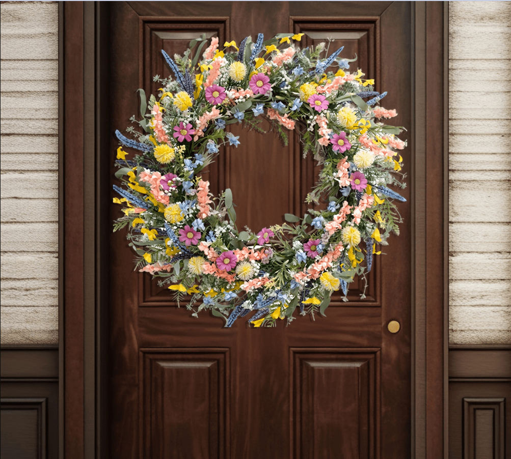 KLPIZB Spring Summer Floral Wreath, Daisy and Lavender Farmhouse Decor for Front Door (Multicolor, 18 in) 9hbjh