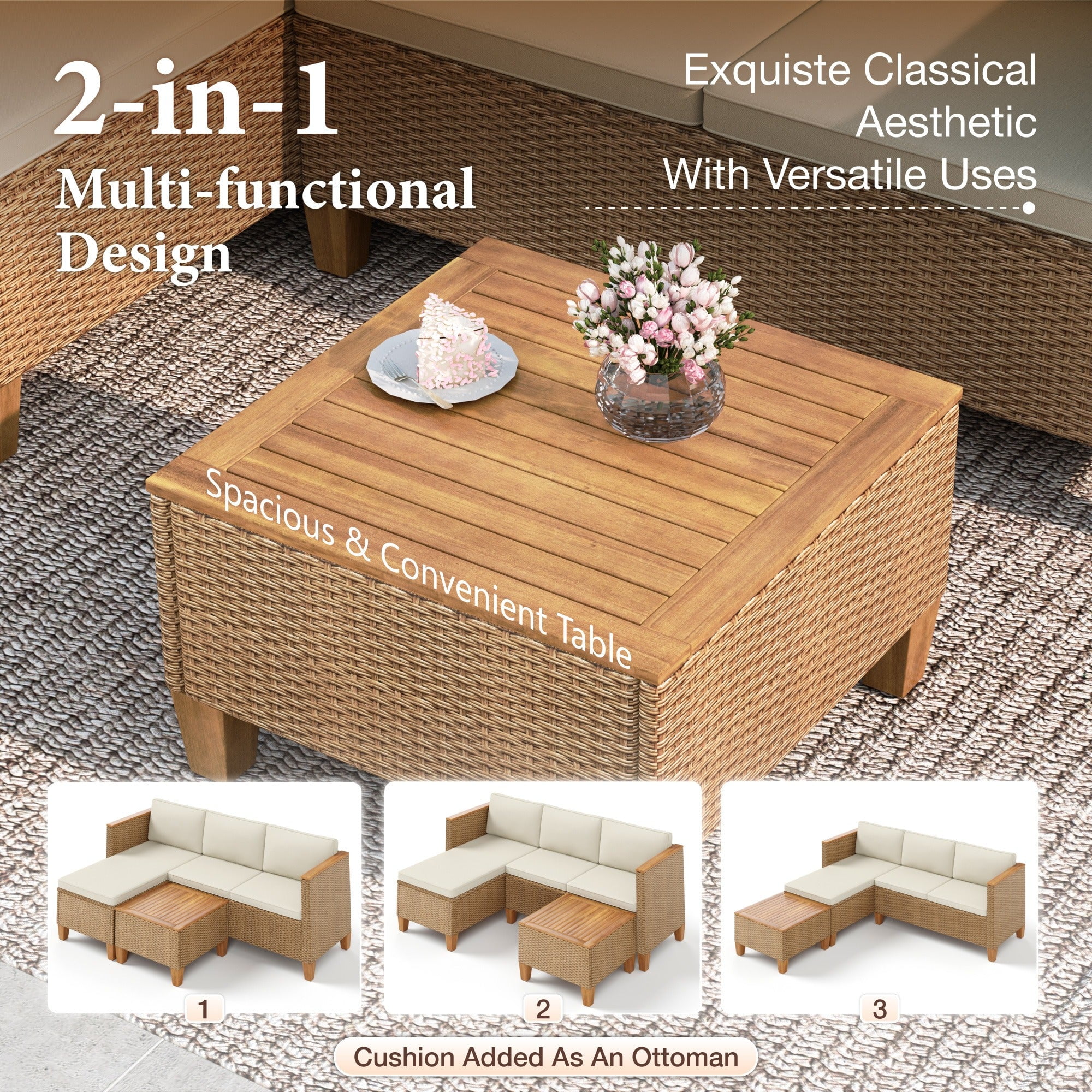 Streamlight 5-Piece Wicker Patio Furniture Set with 42 in Fire Pit Table, Outdoor Sectional Conversation Sofa (Yellow and Beige, 5-Piece) 3gxsi