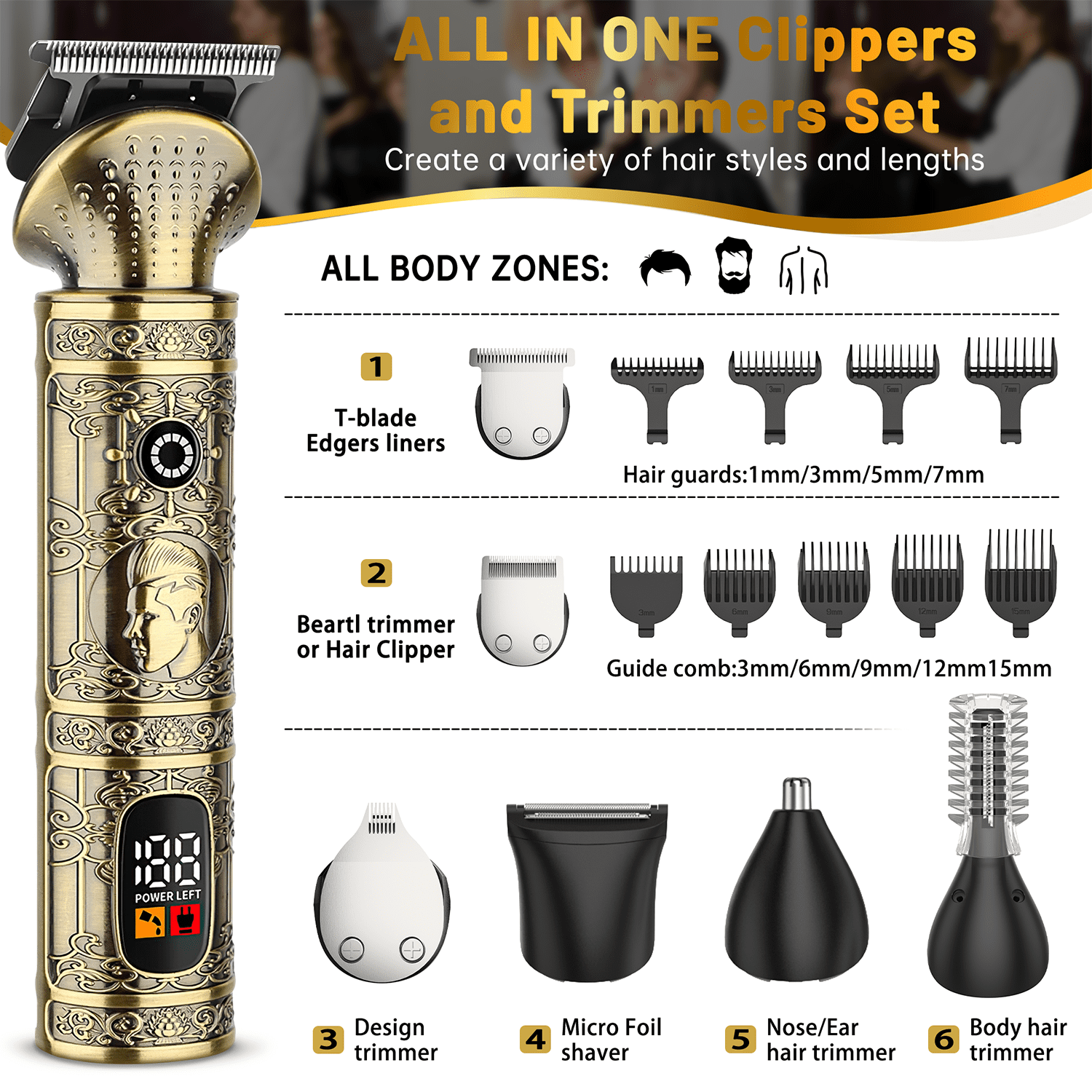 Cshidworld 6-in-1 Beard Trimmer and Hair Clipper Grooming Kit (Gold, 1 Kit) vr0km
