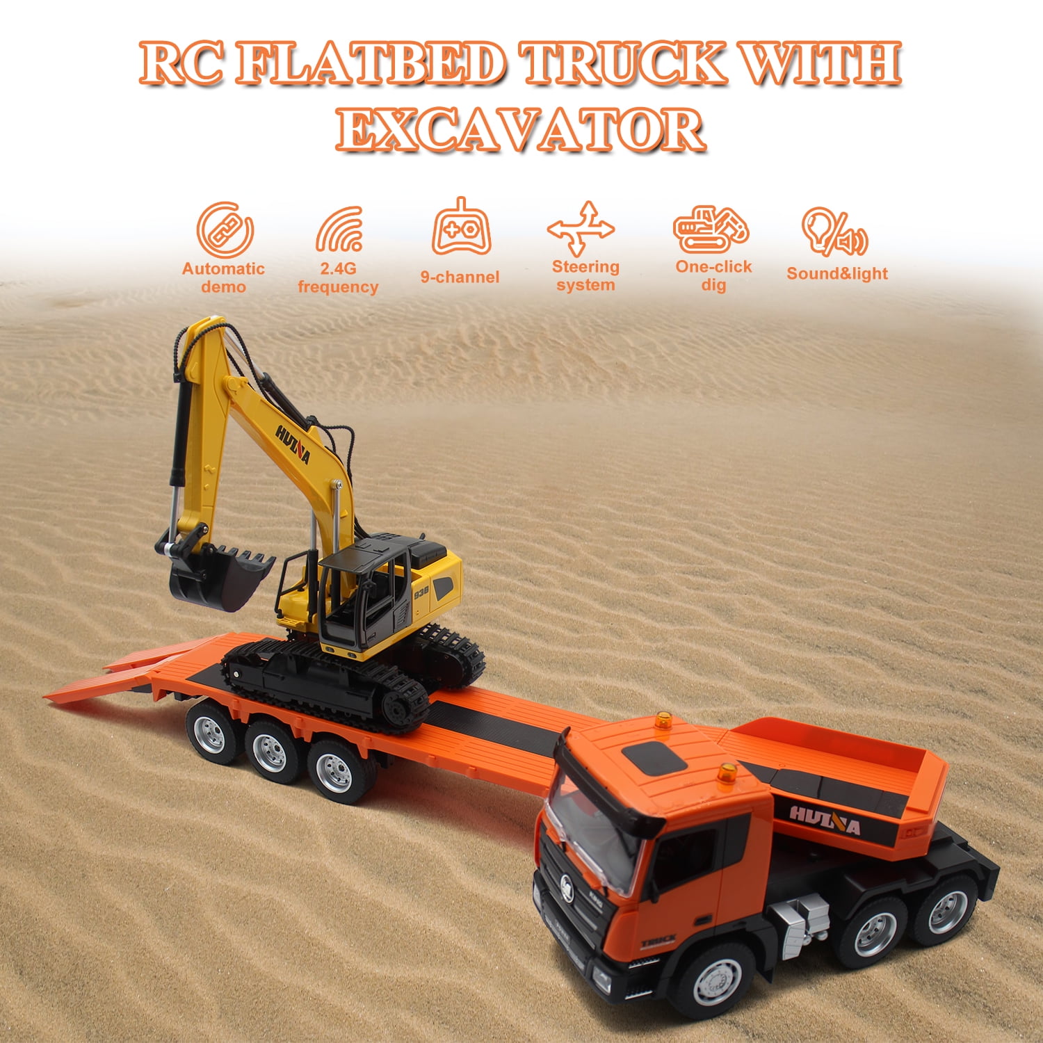 Fistone 2-in-1 Remote Control Excavator and Flatbed Semi-Trailer Truck Set (Orange, 1:24 Scale) bt42b