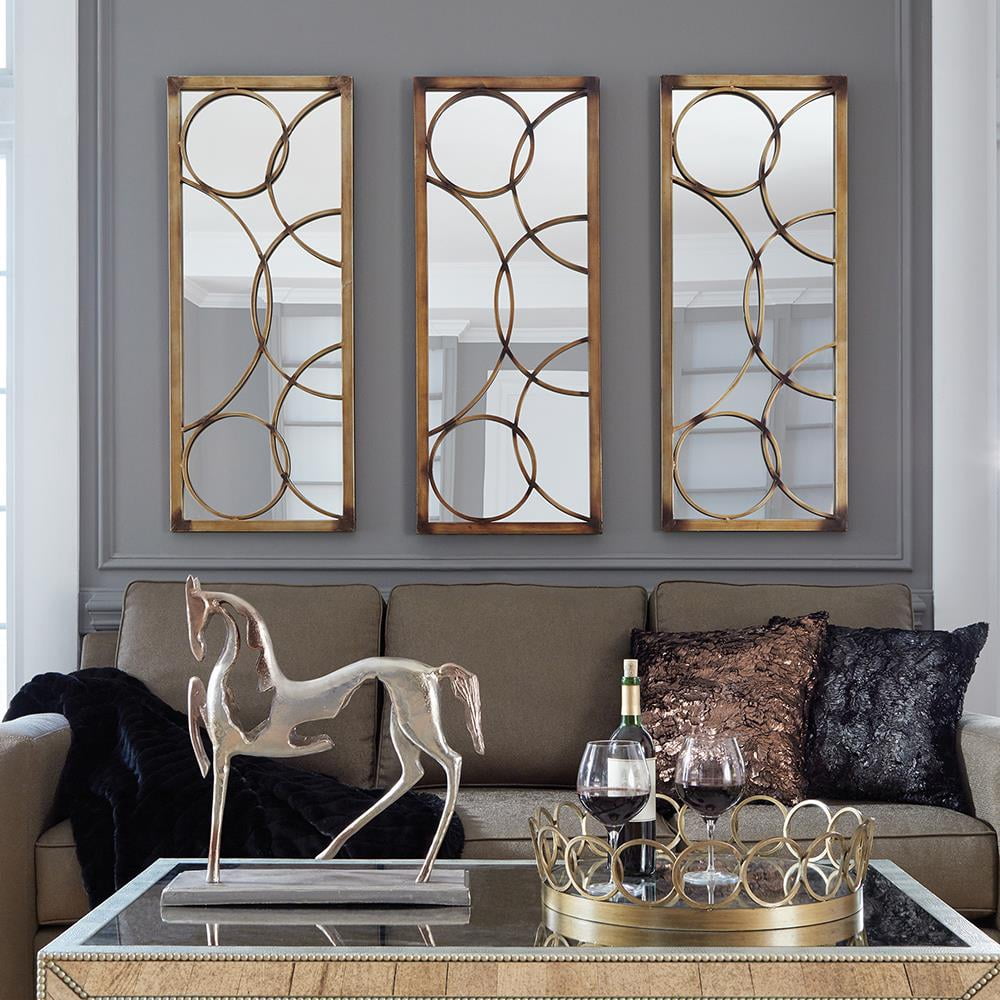 Tyler Dillion Rectangular Metal Wall Mirror with Circular Overlays (Brushed Bronze, 24 in x 36 in) zy413