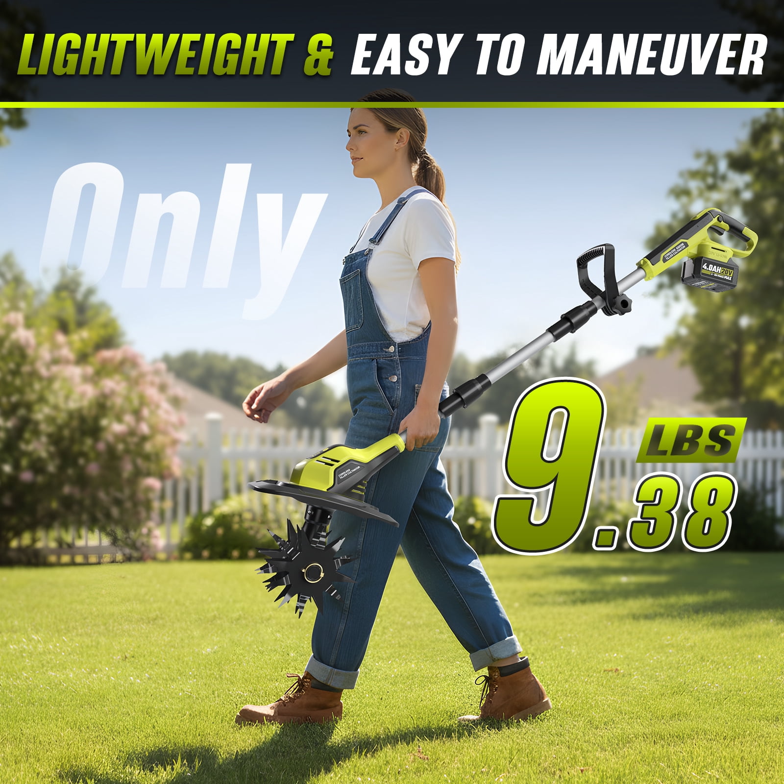 Revvstark 20V Cordless Electric Garden Tiller Cultivator, High-Torque Rototiller with (2) 4.0Ah Batteries and Fast Charger (8.9 in Width, 6.8 in Depth) nzjcp