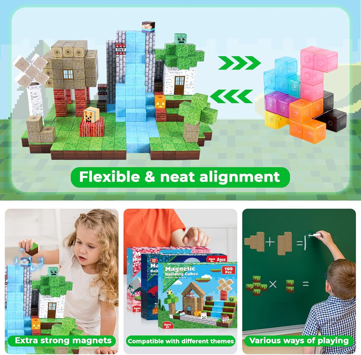 Annexfun Magnetic Building Blocks Set, STEM Montessori Sensory Stacking Cubes for Creative Construction (100 Pieces) d73ep