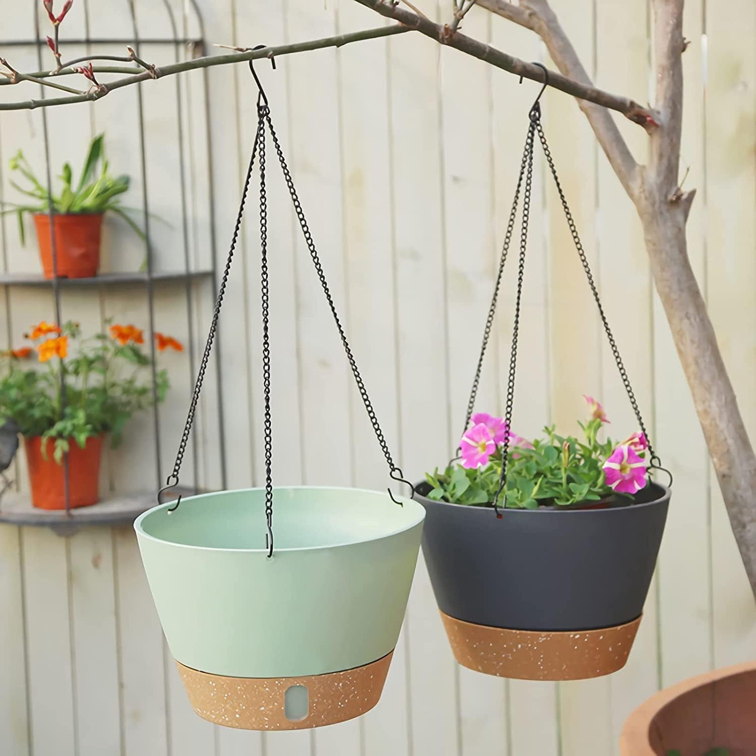 Fiason Self-Watering Hanging Planters with Drainage and Chain Hanger (Black, 8 in, 2 Pack) sup0q