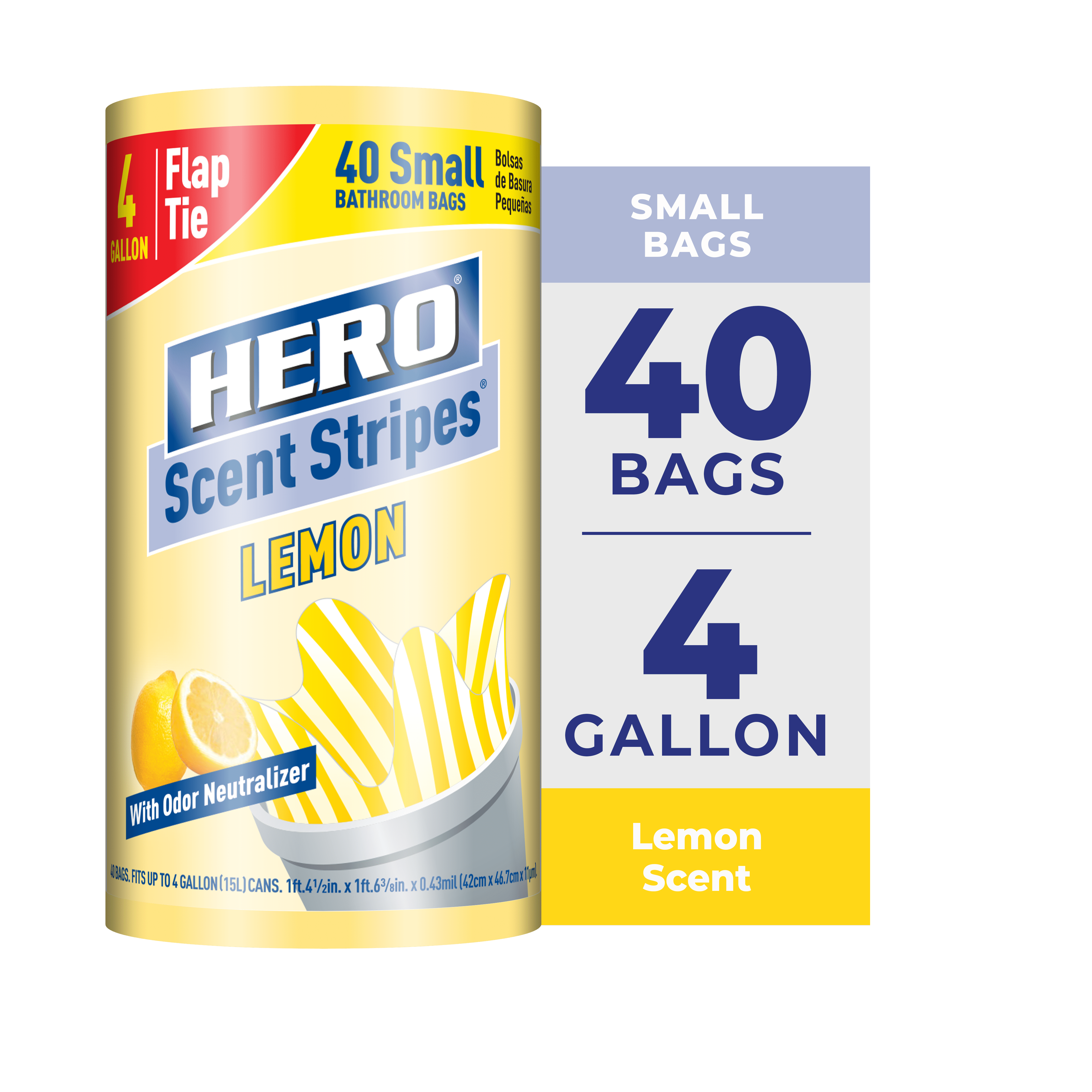 Hero Scent Stripes Small Trash Bags (Lemon Scented, 4 Gallon, 40 Count) qrszz