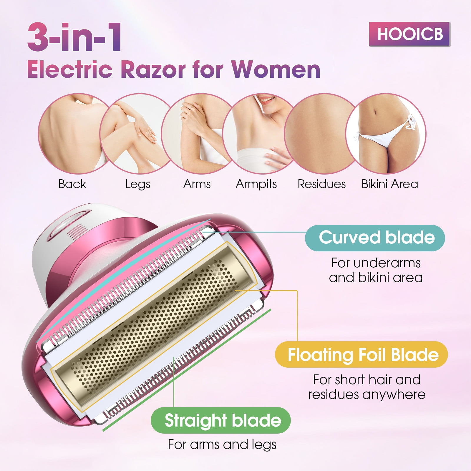 HOOICB Electric Razor for Women, 5-in-1 Rechargeable Cordless Bikini Trimmer and Hair Removal Set (Pink) 629pr