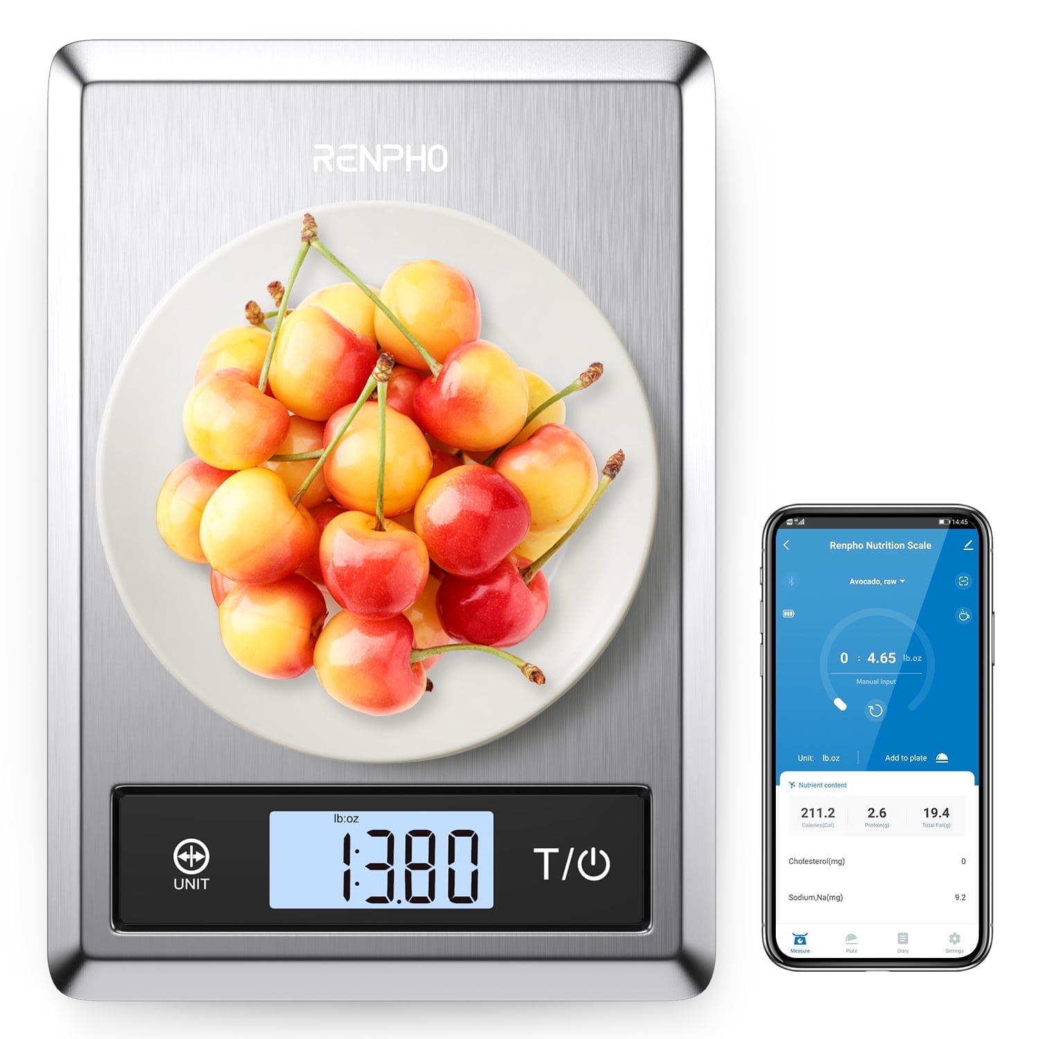 RENPHO Smart Digital Food Scale with Bluetooth App Connectivity, Stainless Steel Kitchen Nutrition Tracker (11 lbs) rxzs8