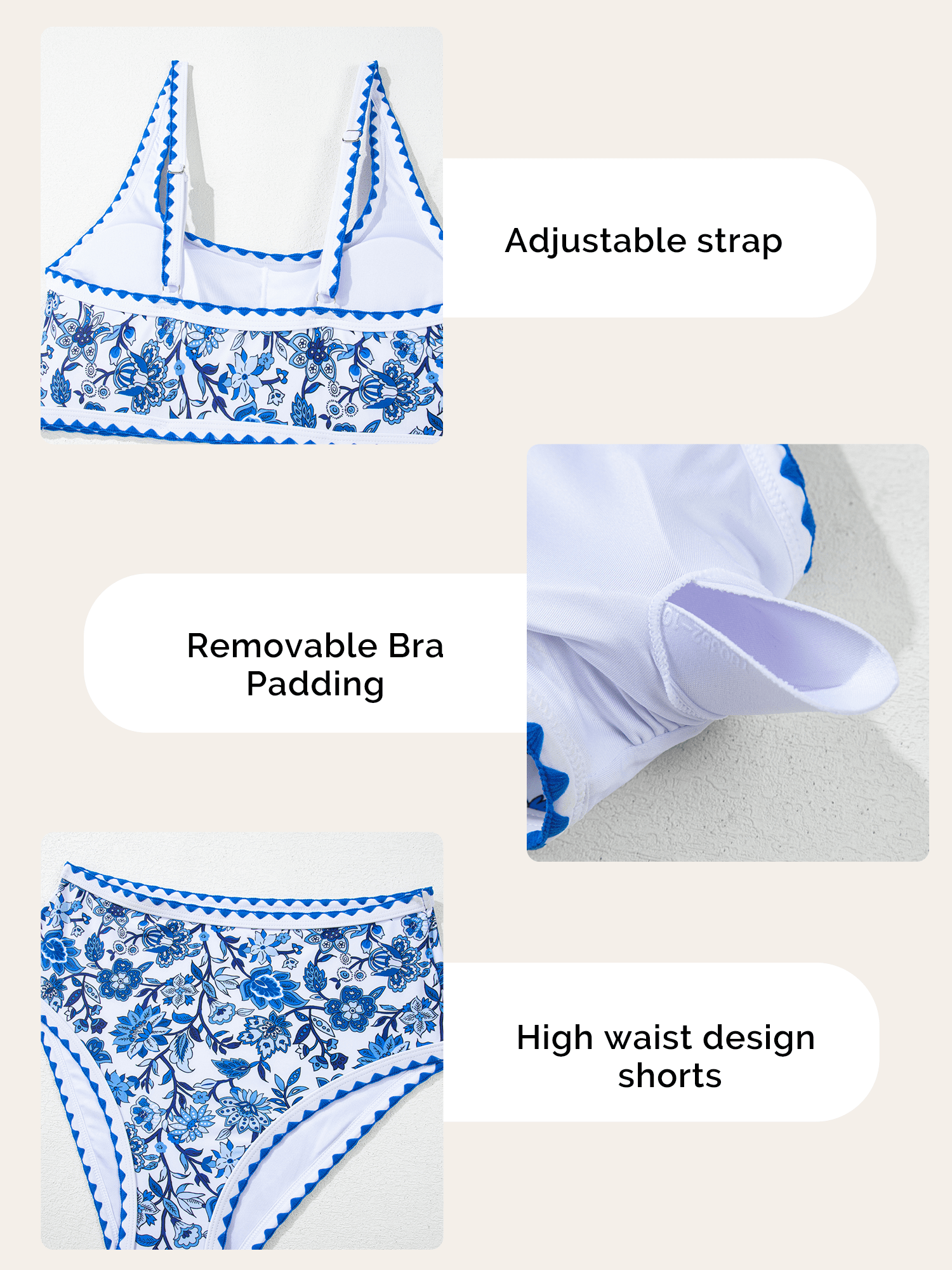 SHEWIN Women's High Waisted Bikini Set Floral Print Scoop Neck 2 Piece Swimsuit (Blue, Large) 64s7j