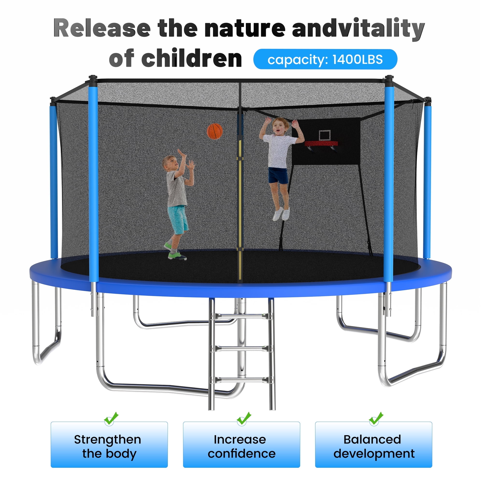 Mersco 14ft Outdoor Backyard Trampoline with Basketball Hoop, Enclosure Net, and Ladder (Blue, 14 ft) r6mvk