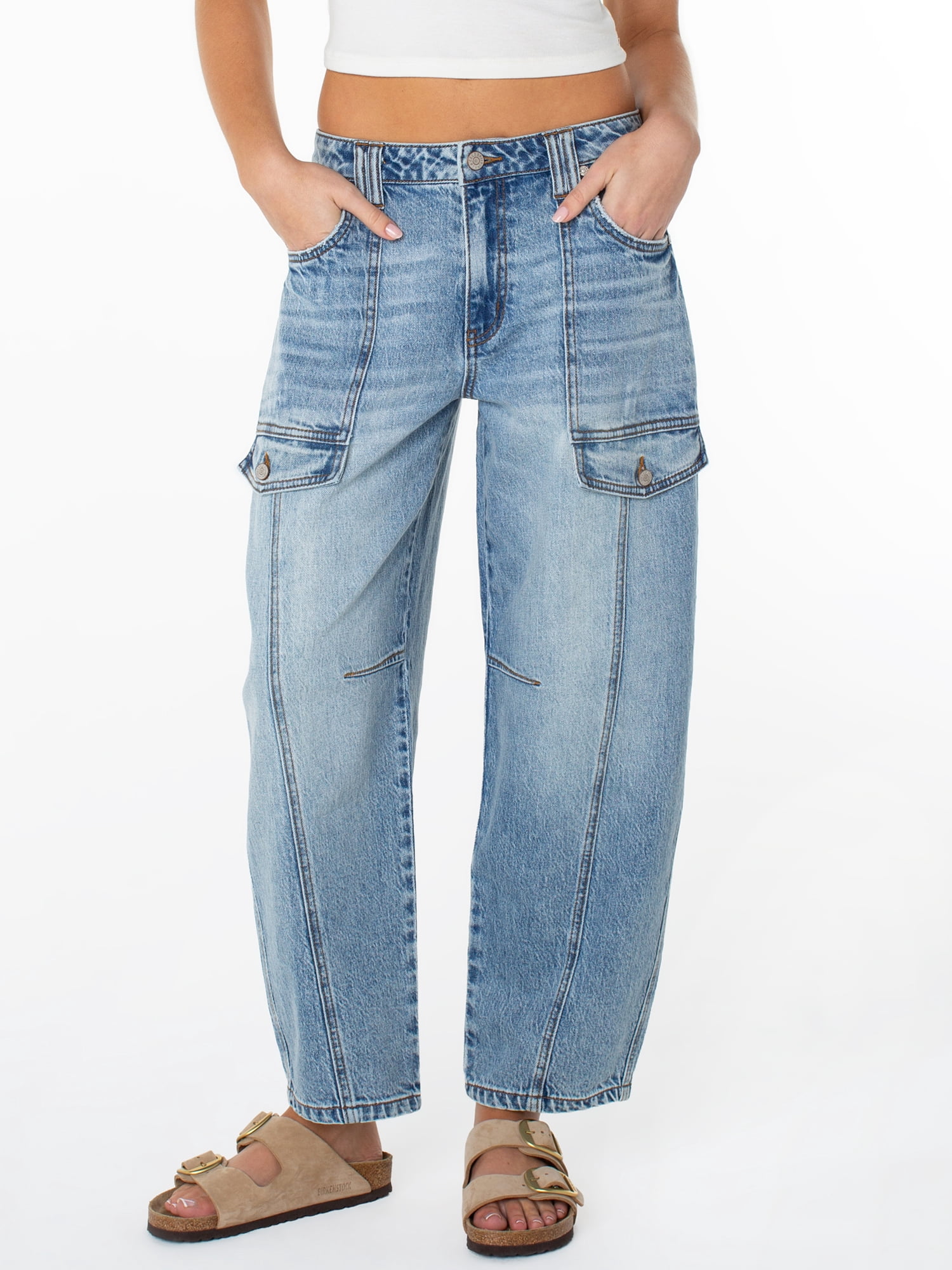 Celebrity Pink Women's Mid Rise Utility Barrel Jeans, Baggy Fit Denim (Pink, 27 in Inseam) b4gn7