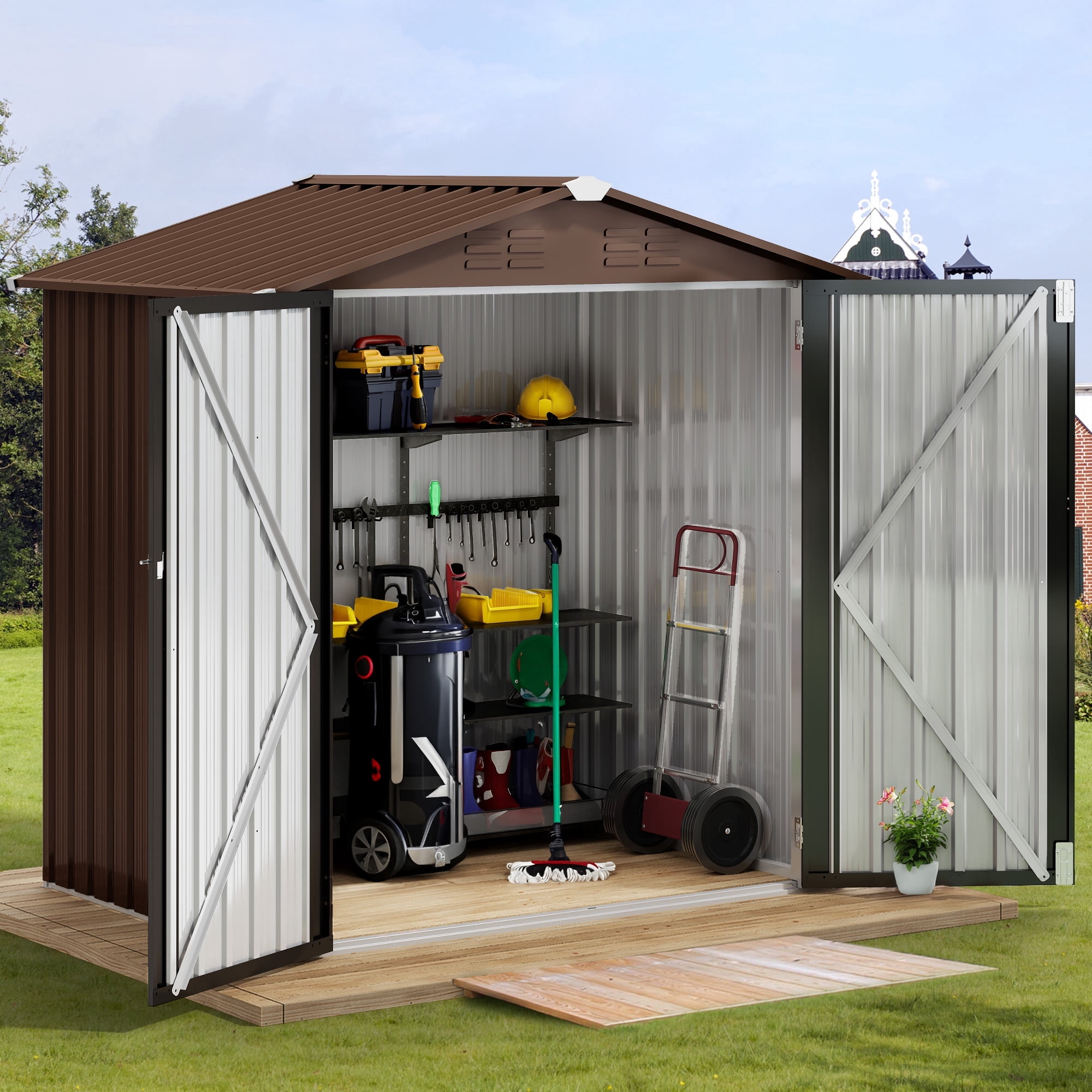 Dextrus Outdoor Storage Shed, Heavy Duty Galvanized Steel Garden Tool House with Lockable Door and Air Vents (Brown, 6 ft x 4 ft) jhe9q