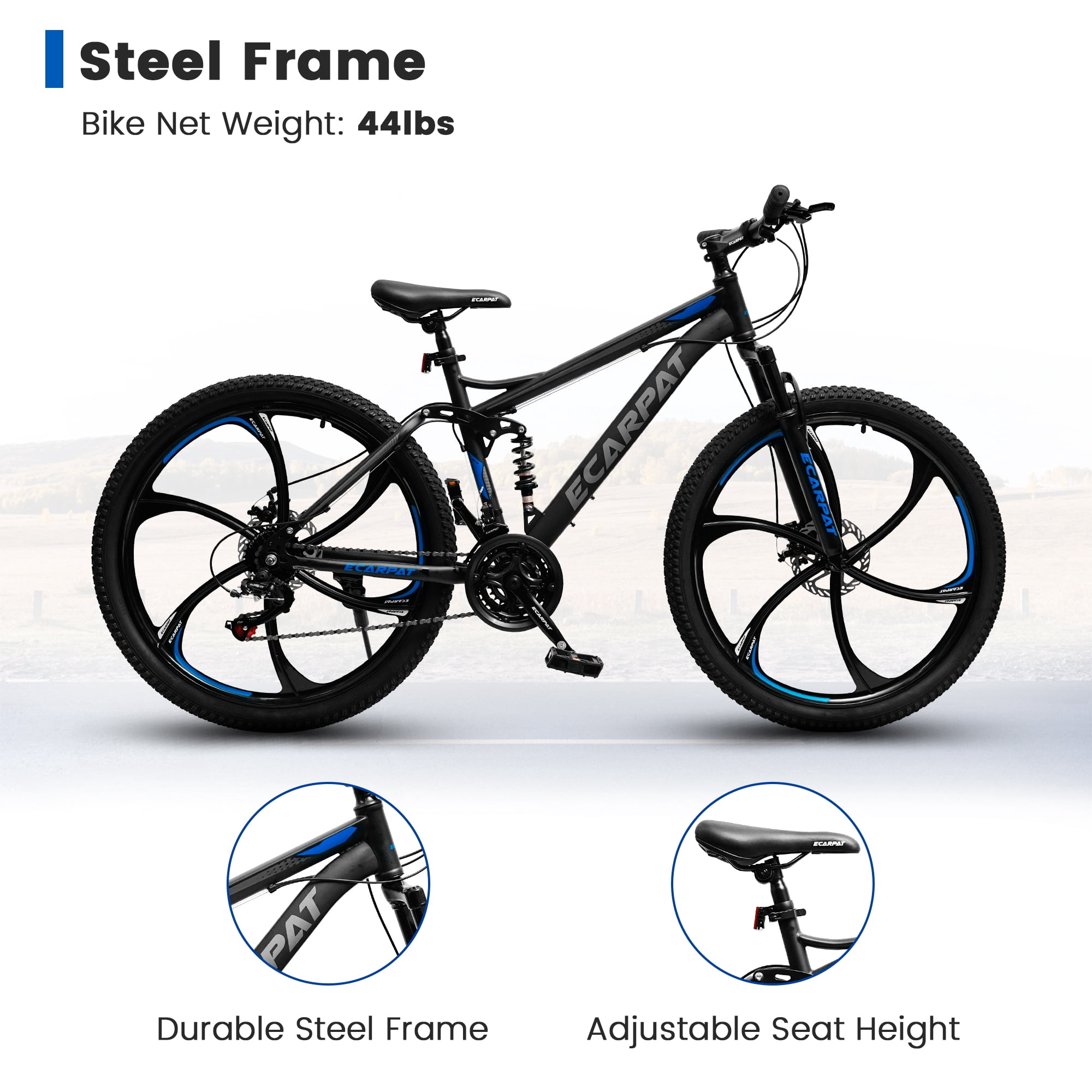 Ecarpat 26 Inch Mountain Bike Full Suspension, 21-Speed Dual Disc Brake, Carbon Steel Frame (Black, 26 in) qyvjz
