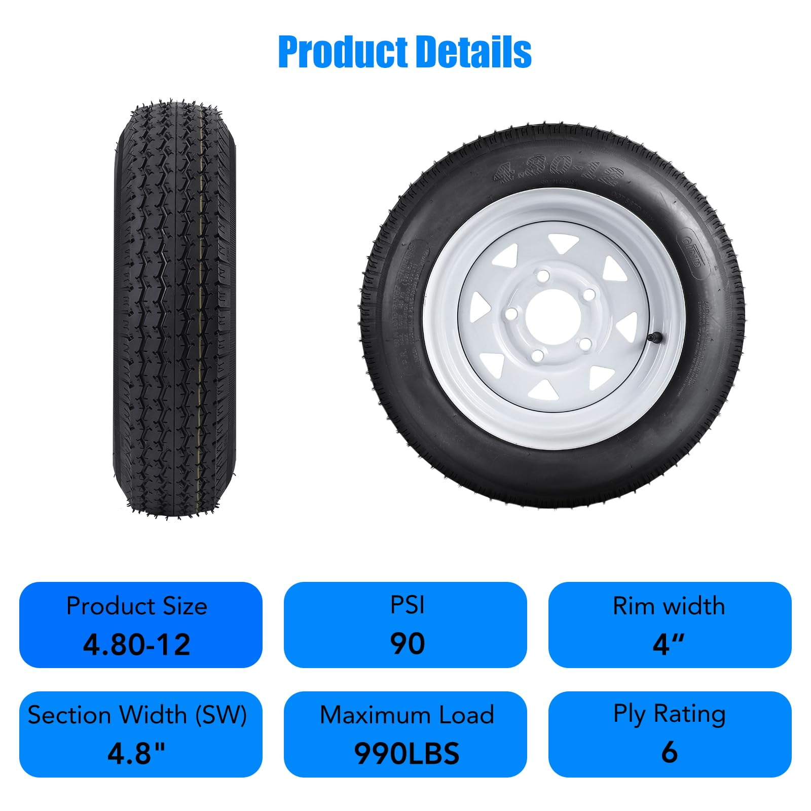 GARVEE 4.80-12 Trailer Tires with 12 in Rims (Set of 2, 5 Lug on 4.5 in, Load Range C, 6PR) qyz6e