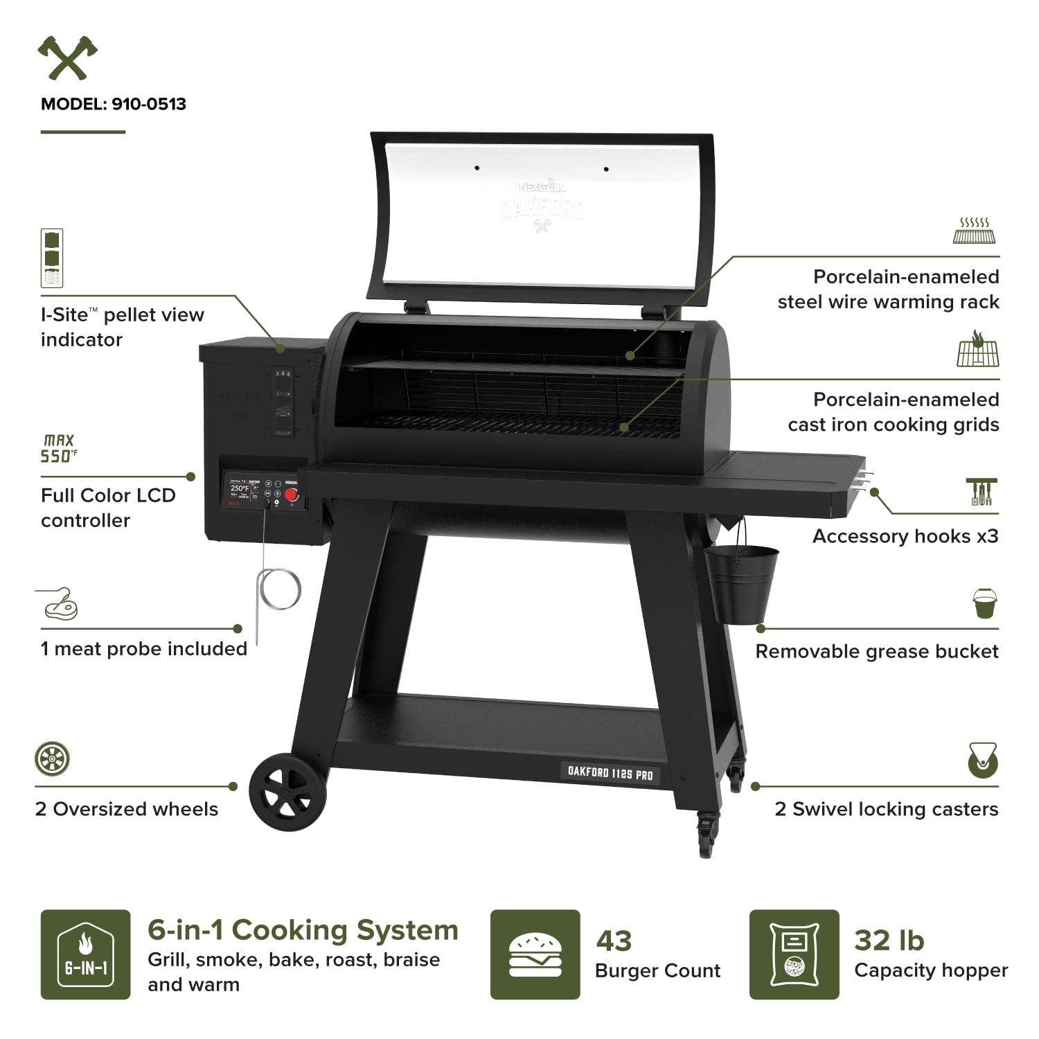 Nexgrill Oakford 1125 Pro Pellet Grill, Heavy-Duty Smoker with Bluetooth Connectivity and 1069 sq in Cooking Area (Black, 32 lb Hopper) 6jjw6