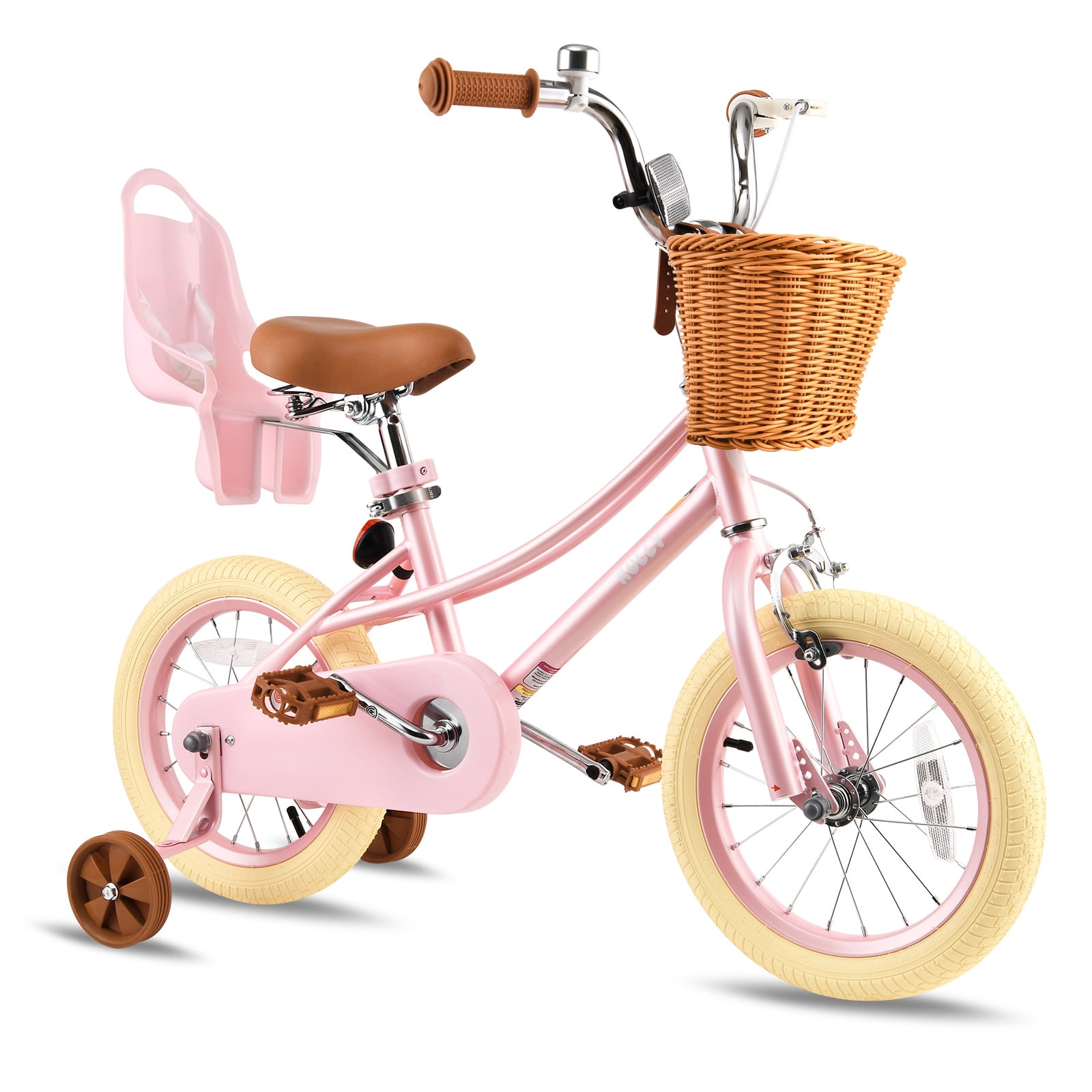 Rully 14 Inch Girls Retro Cruiser Bike with Training Wheels, Basket, and Doll Seat (Pearl Pink, 14 in) 54ffr