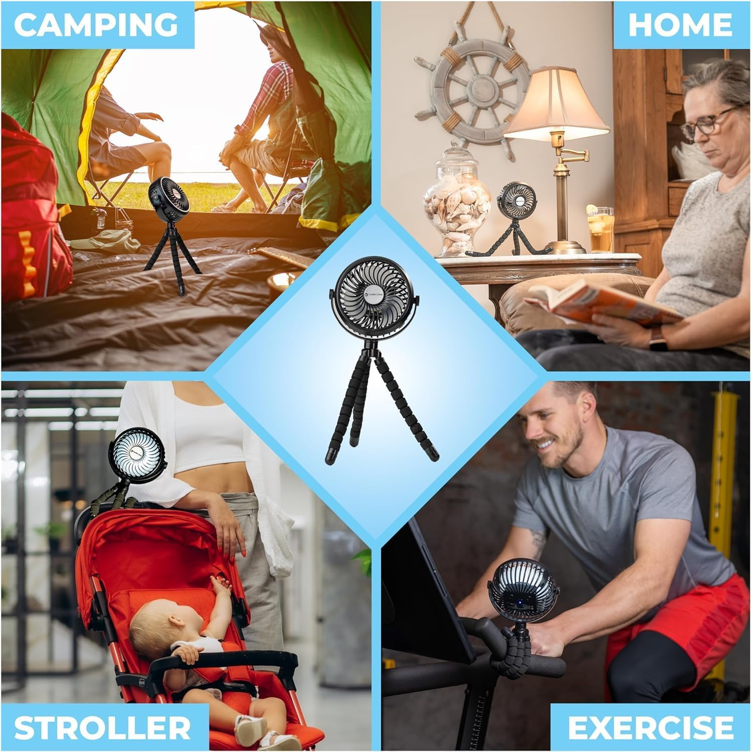 Comfort Zone 4 in Tri-Pod Stroller Fan, Portable Rechargeable Mini Fan with Flexible Legs (Black, 9 in Height) waimv