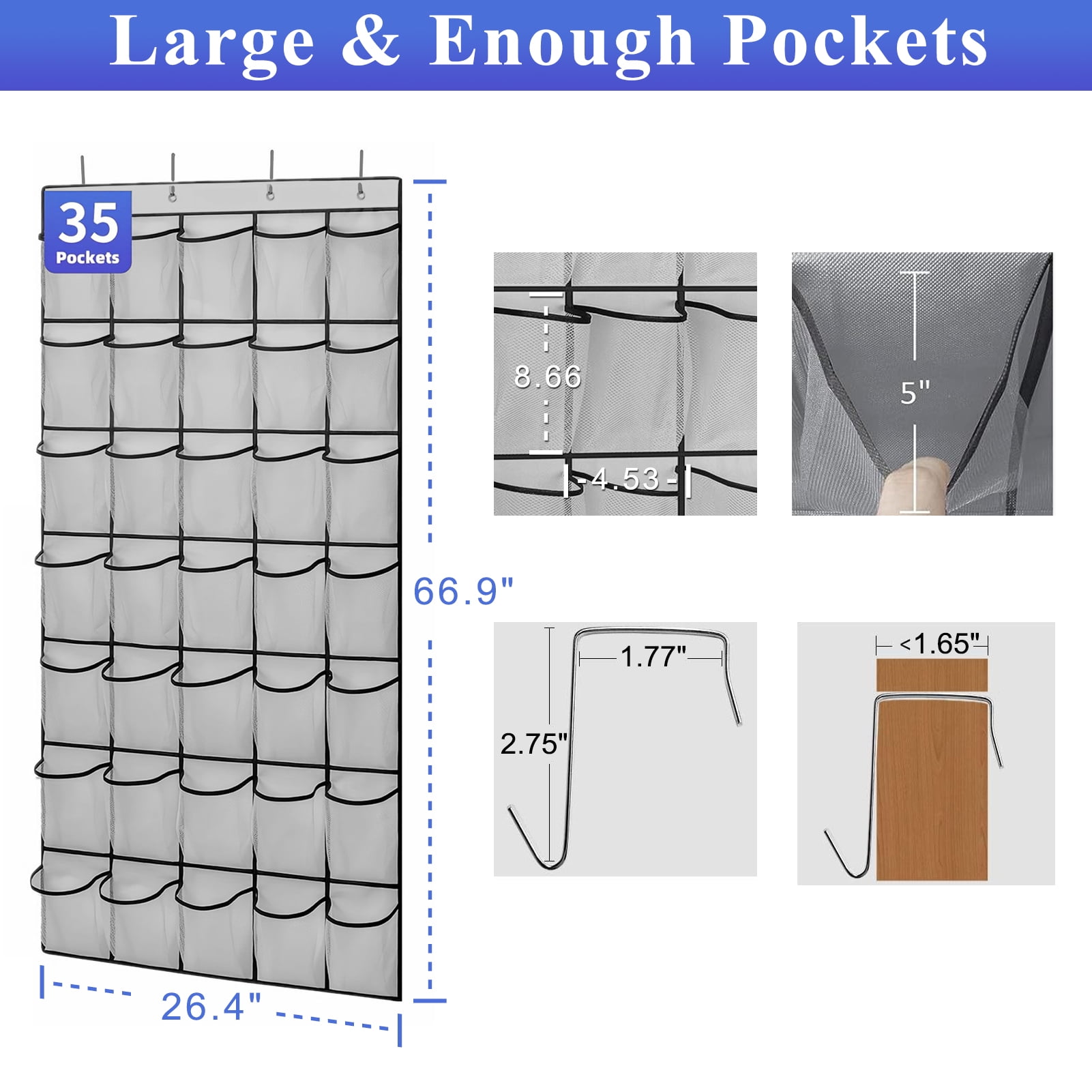 Aovky Over The Door Shoe Organizer, Hanging Closet Storage Rack with Breathable Mesh Pockets (Grey, 35 Pockets) 0br4b