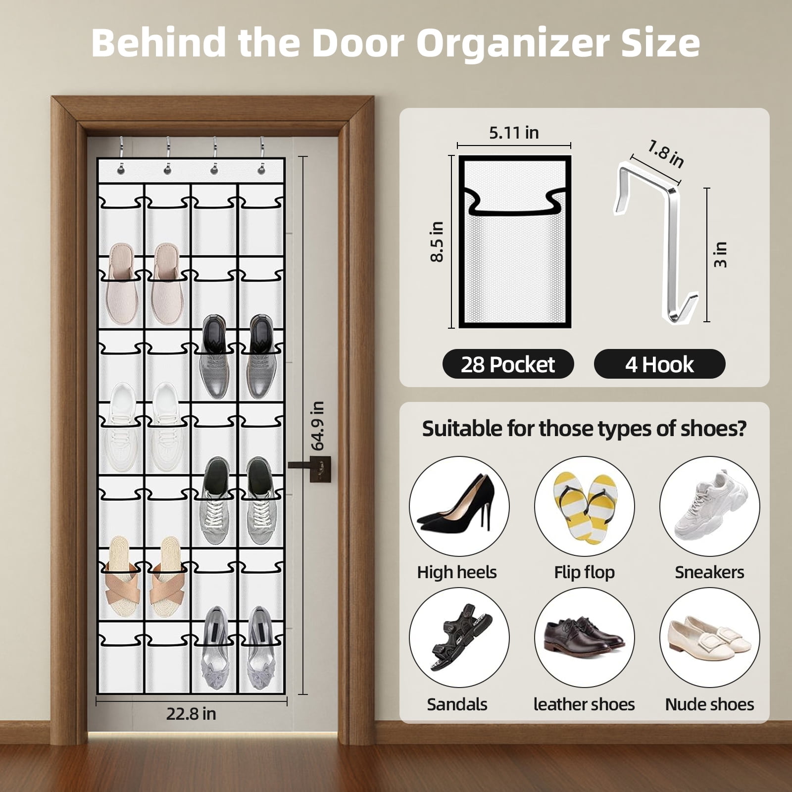 Torio Over the Door Shoe Organizer, 28 Large Breathable Pockets, Hanging Closet Storage for Small Spaces (White, 28 Pockets) hdib9
