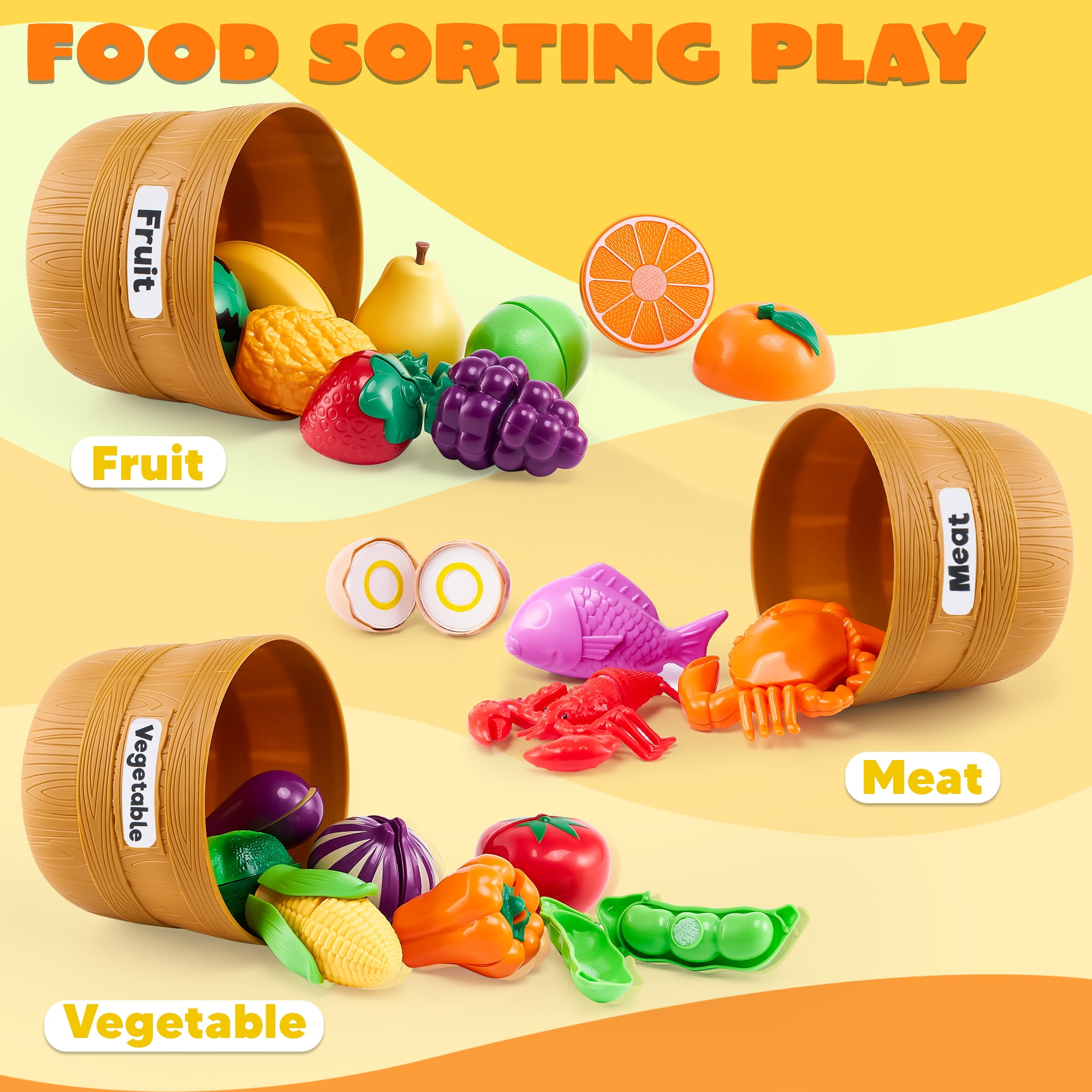 Joyfy 69-Piece Pretend Play Food Set for Kitchen, Educational Color Sorting & Cutting Toy (69 Pieces) angv4