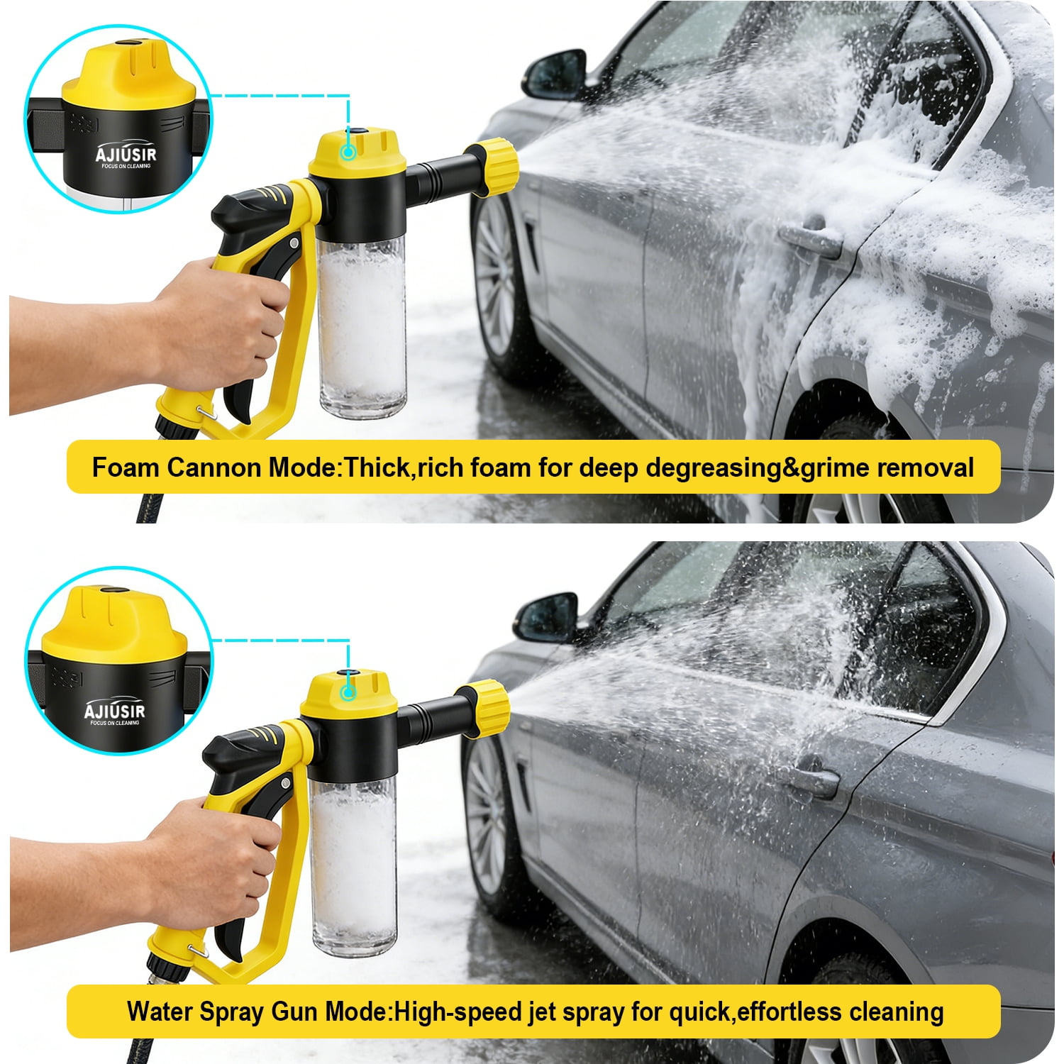 AJIUSIR Adjustable High Pressure Foam Gun Car Wash Kit with Microfiber Wash Mitt (Yellow, 1 Pack) fbw1b