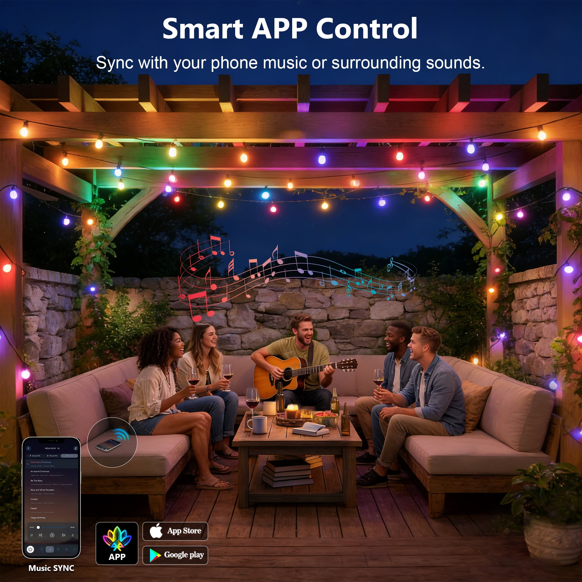 Beizelte RGB LED Outdoor String Lights, Dimmable Waterproof Chasing Color Patio Lighting with App Control (Multicolor, 150 ft) 5e2em