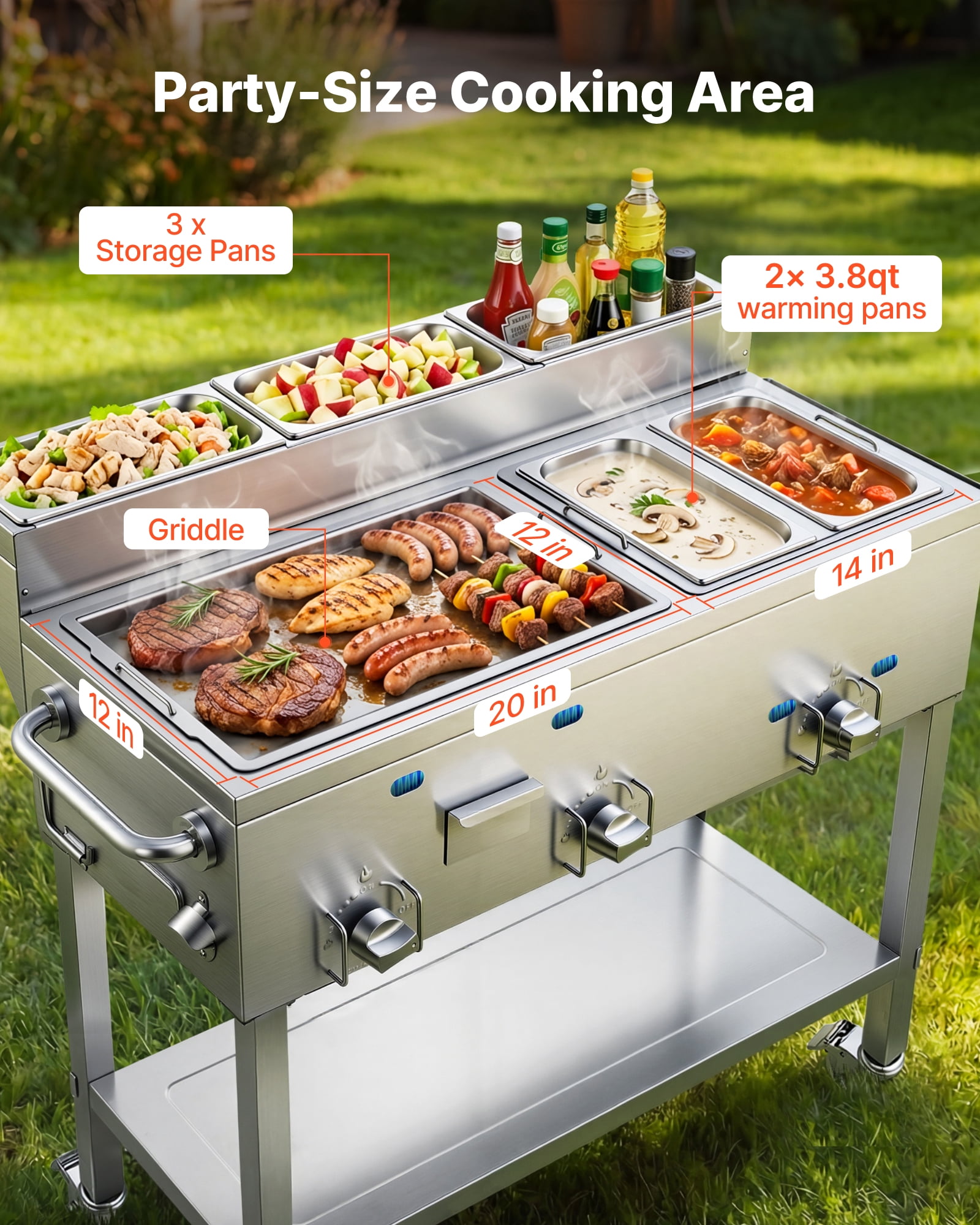 VEVOR Outdoor Propane Griddle, 3-Burner Commercial Stainless Steel Cooking Station with Warming Pans and Portable Cart (34,800 BTU) ednun