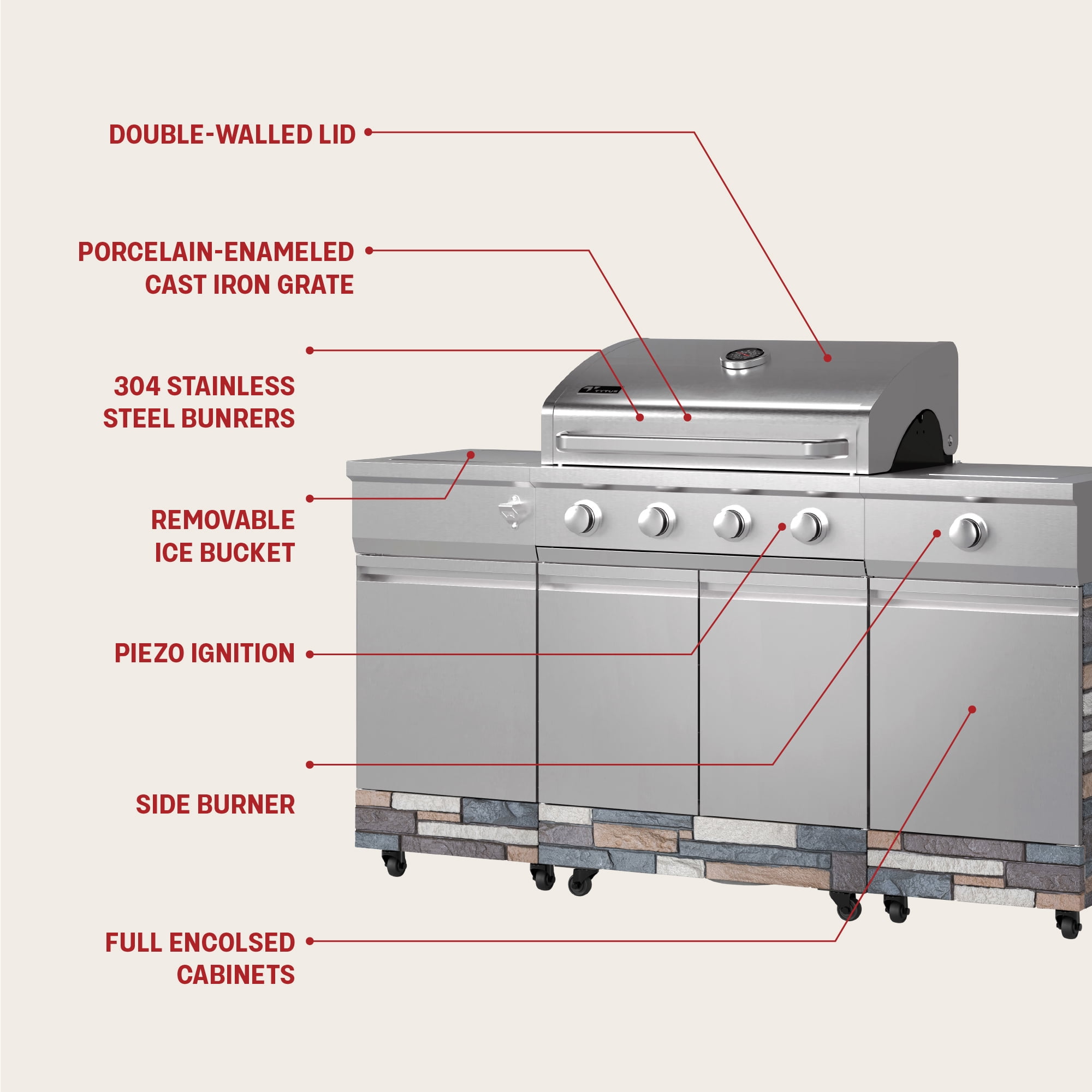 TYTUS Fresno 4-Burner Gas Grill Island Set with Cover, Griddle, Light, and Pizza Stone (Stainless Steel) q0xse