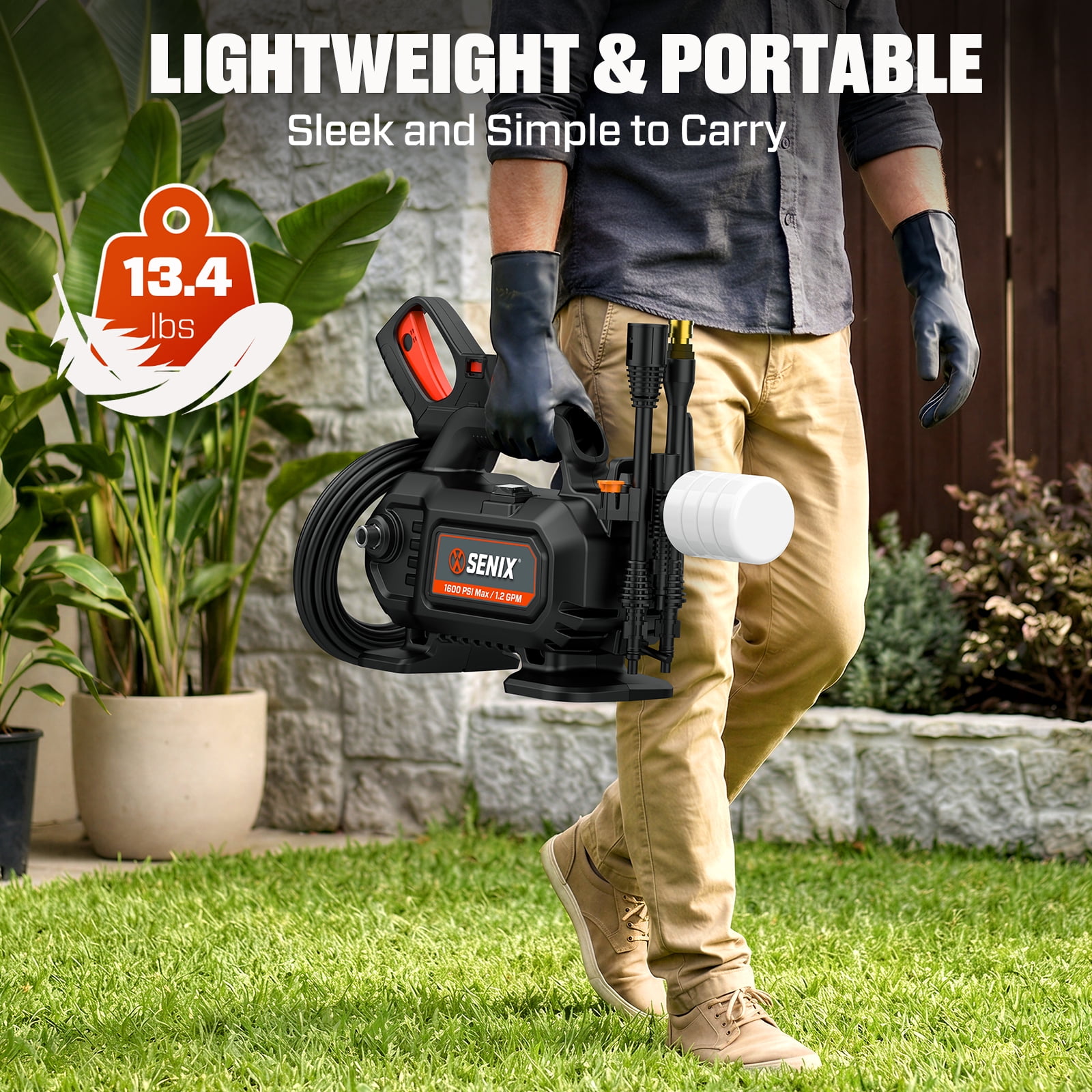 Senix 1600 PSI Electric Pressure Washer with 1.2 GPM Flow Rate and 20 ft Hose (11 Amp Motor) pzh1r