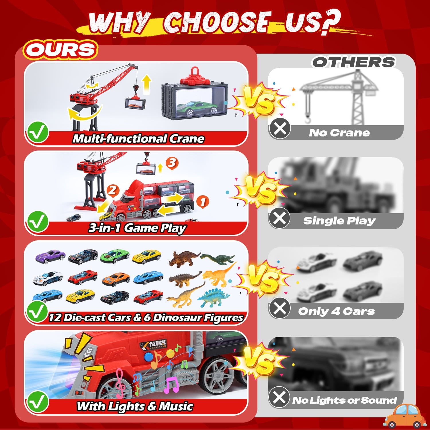 WonderStone 3-in-1 Fire Rescue Truck Playset with Crane, 12 Die-Cast Cars, and 6 Dinosaur Figures (Red, 17.33 in x 7.48 in x 4.33 in) 5bsgw
