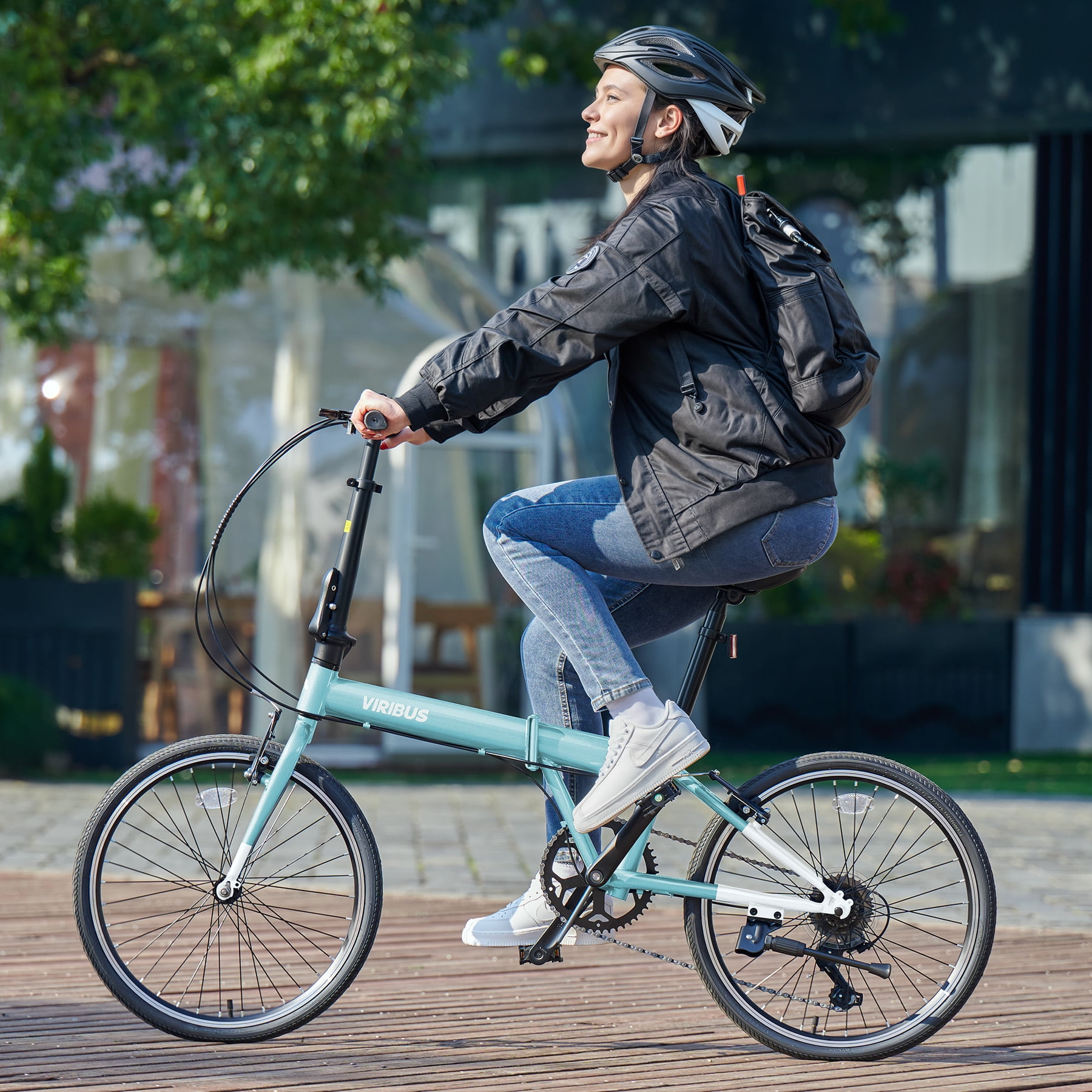 Viribus 20 in Adult Folding Bike, 7-Speed City Commuter Bicycle with Adjustable Saddle (Mint, 20 in) sx05e
