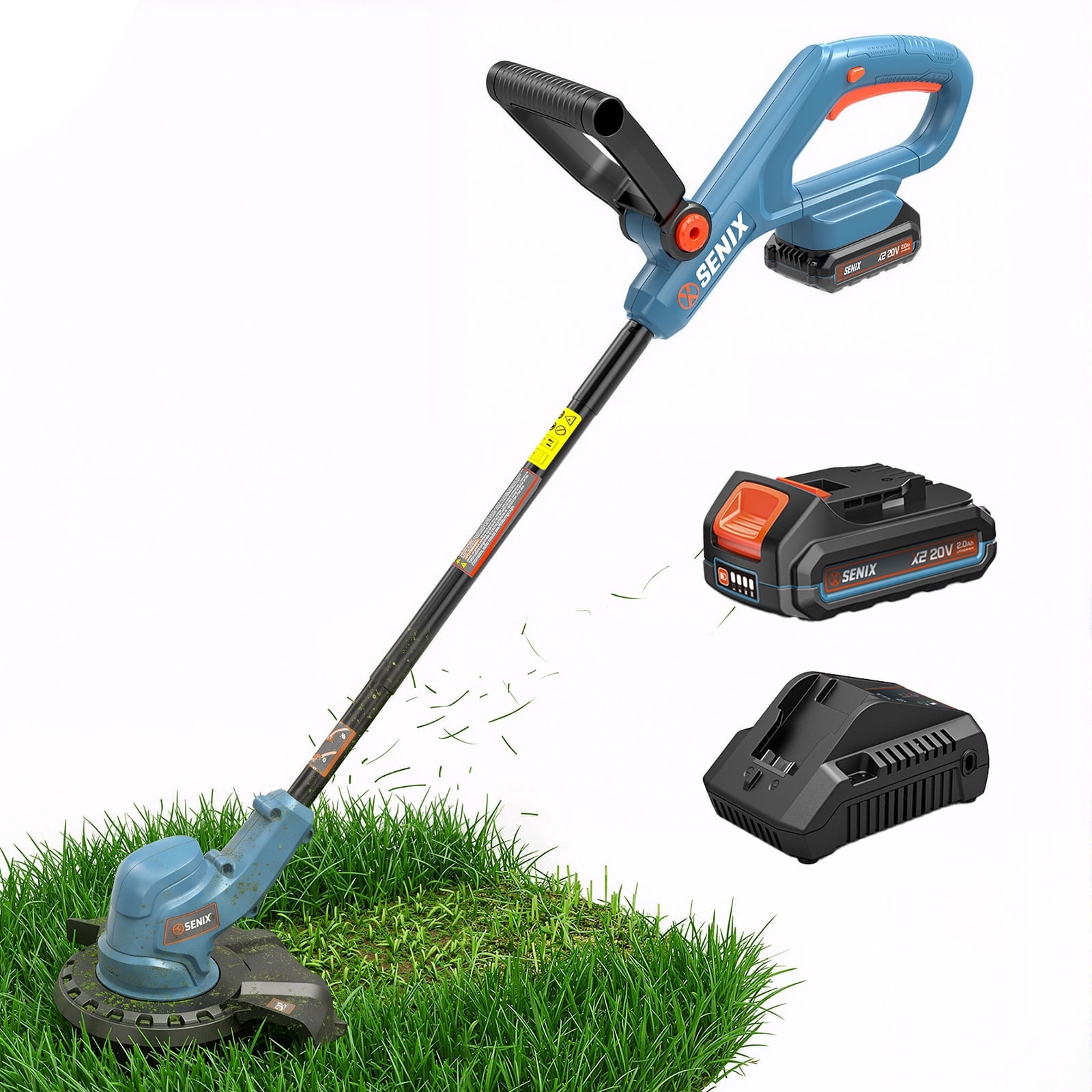 Senix 20V Cordless Grass Trimmer, 10 in Cutting Width, Rotating Split Shaft with Auto Line Feed (2.0Ah Battery and Charger Included) 26ulo