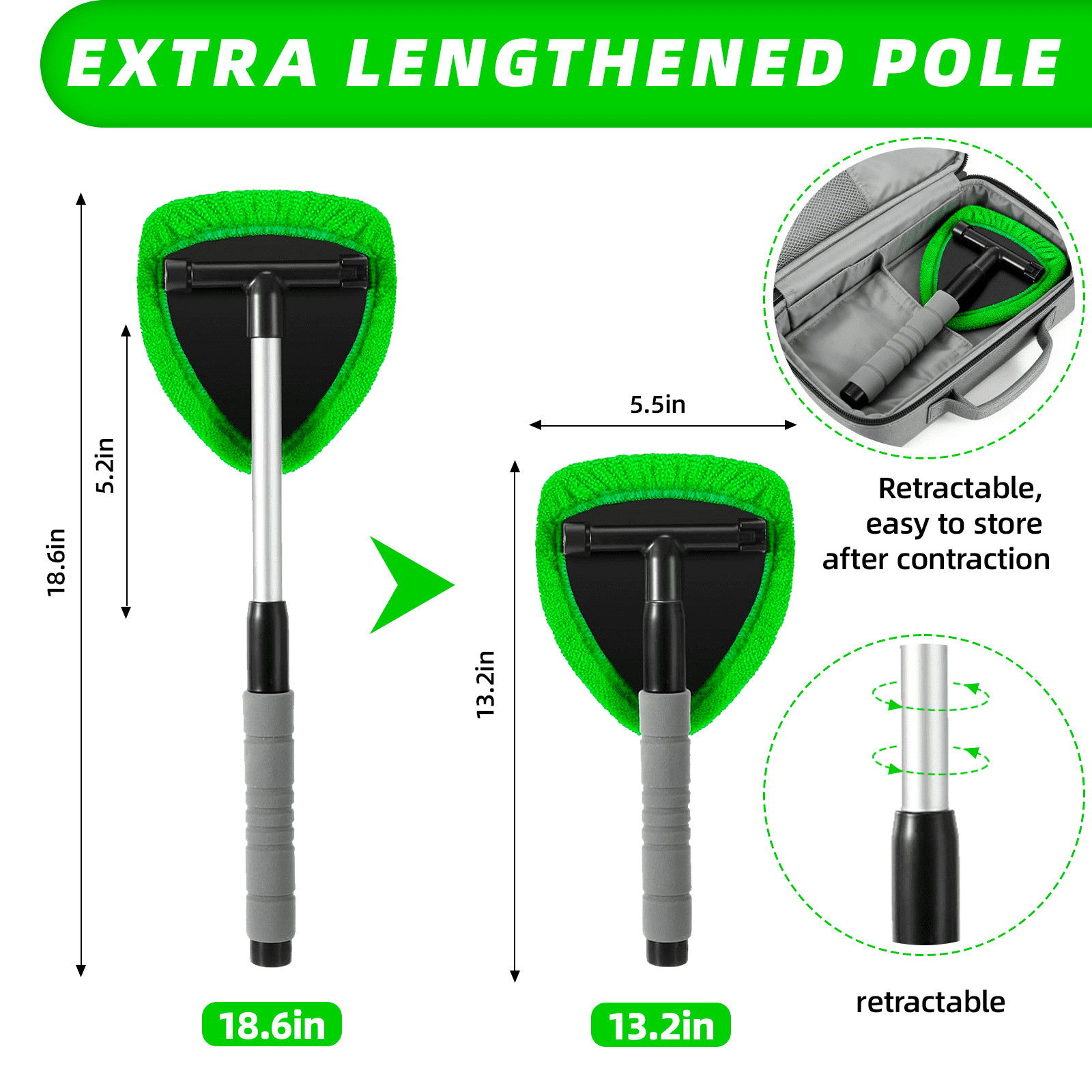 Swartisfad Windshield Cleaning Tool with Extendable Handle and 3 Microfiber Pads (Green, 1 Kit) p7a74