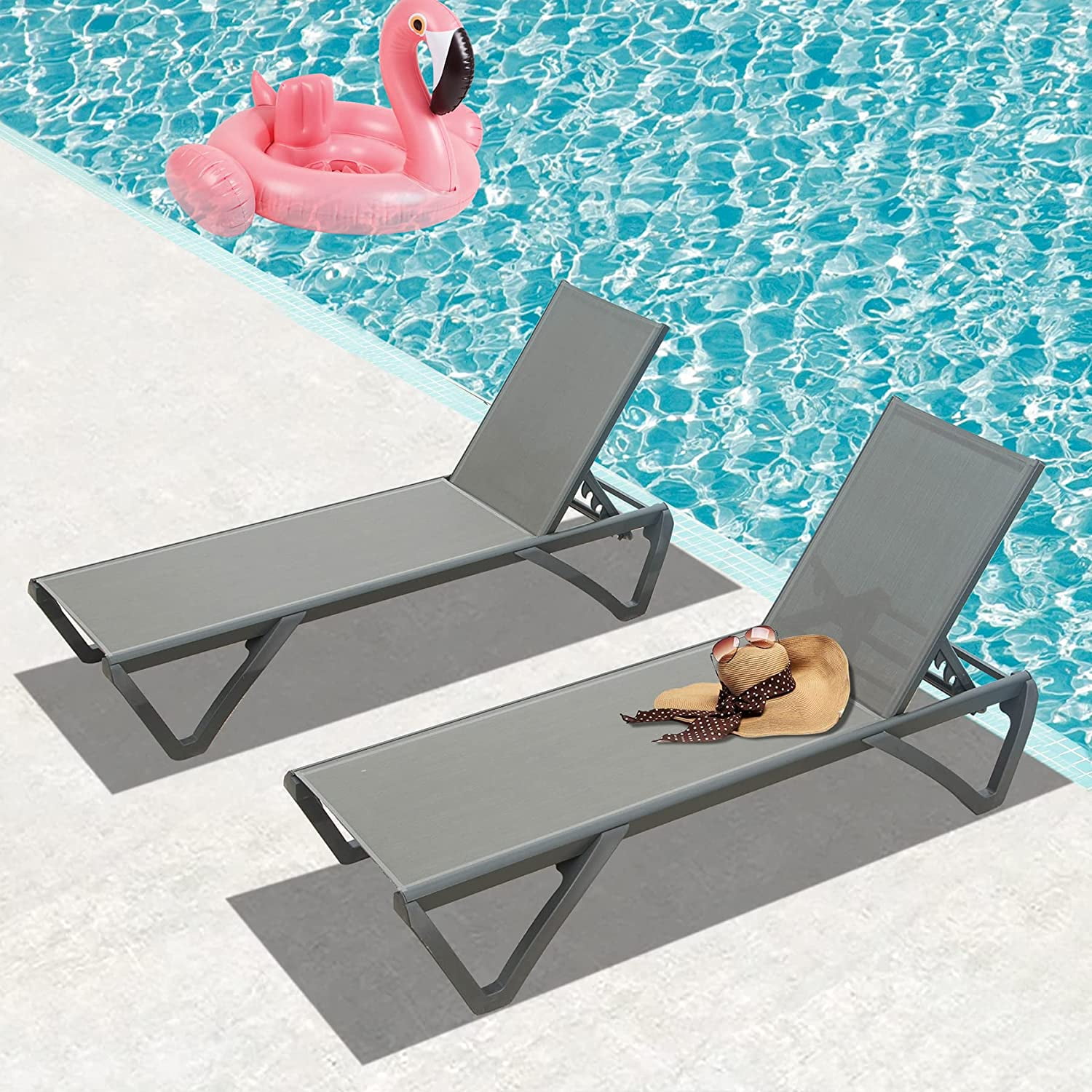 Domi Outdoor Living Adjustable Chaise Lounge Chairs with Wheels (Grey, Set of 2) w9j23