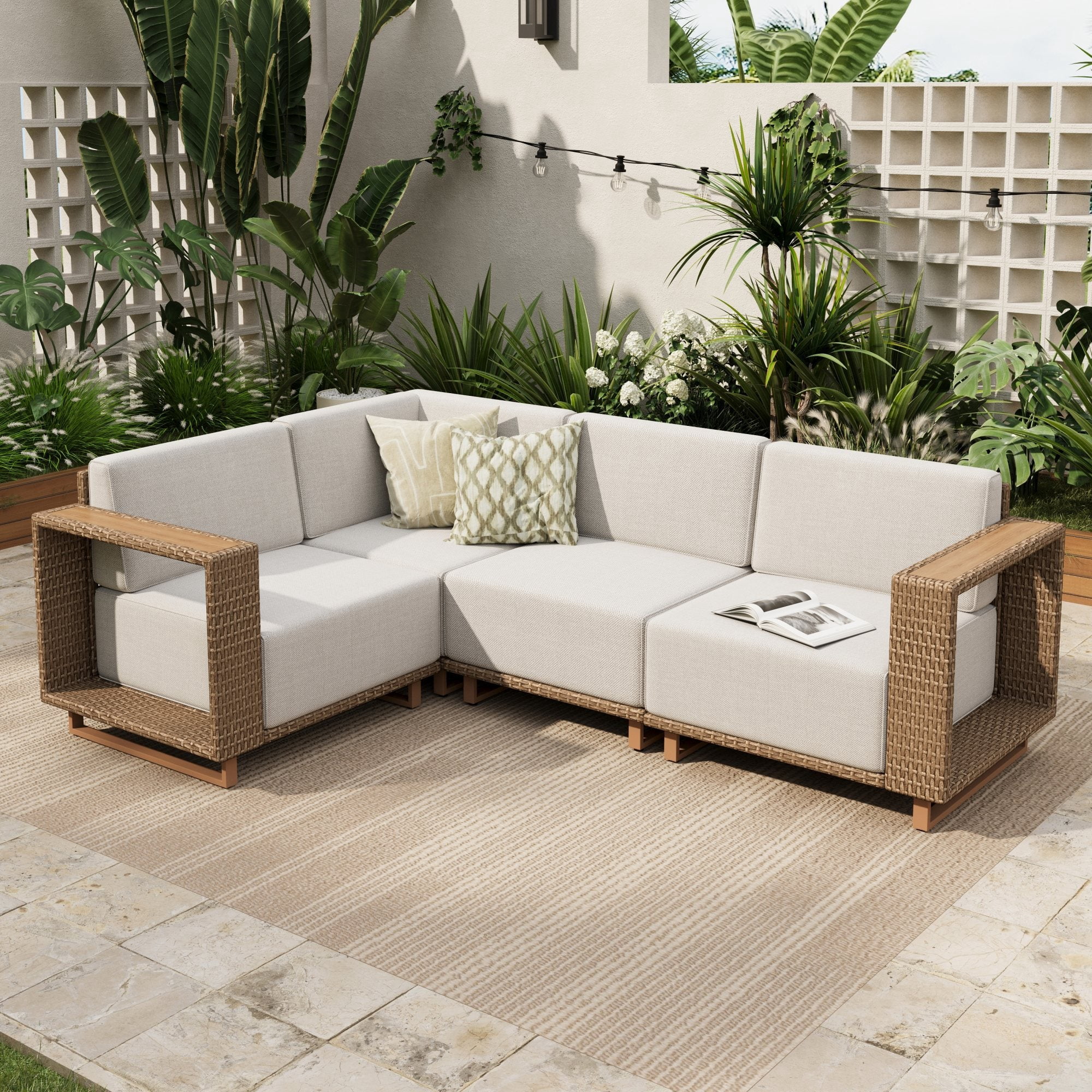 Sophia & William 4-Piece Wicker Patio Furniture Set with Weather-Resistant Rattan and Thick Cushions (Yellow-Brown, 4-Seat) rgdjc
