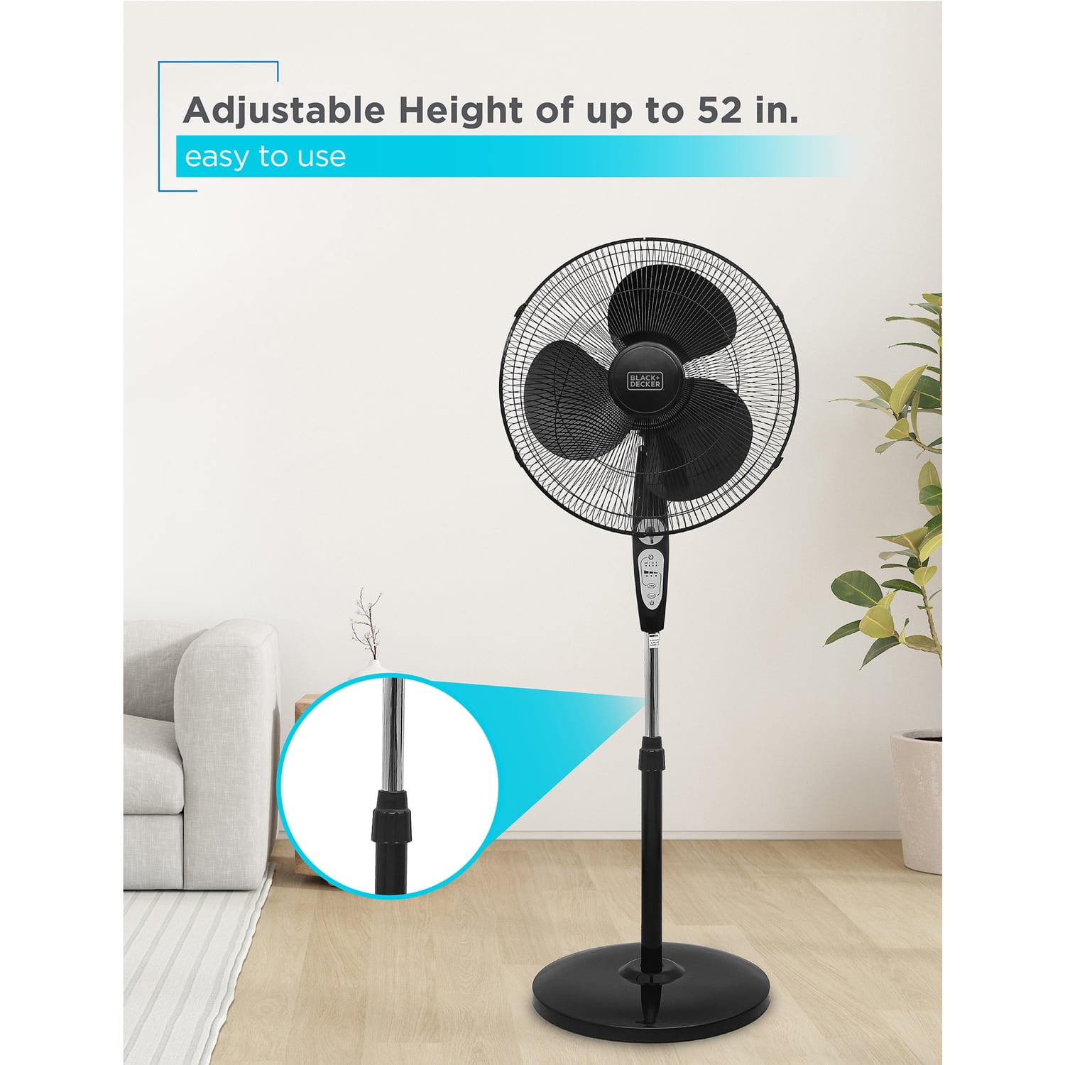 BLACK+DECKER 18-In. 3-Speed Oscillating Stand Fan with Remote (Black, 52 in Height) loeb8