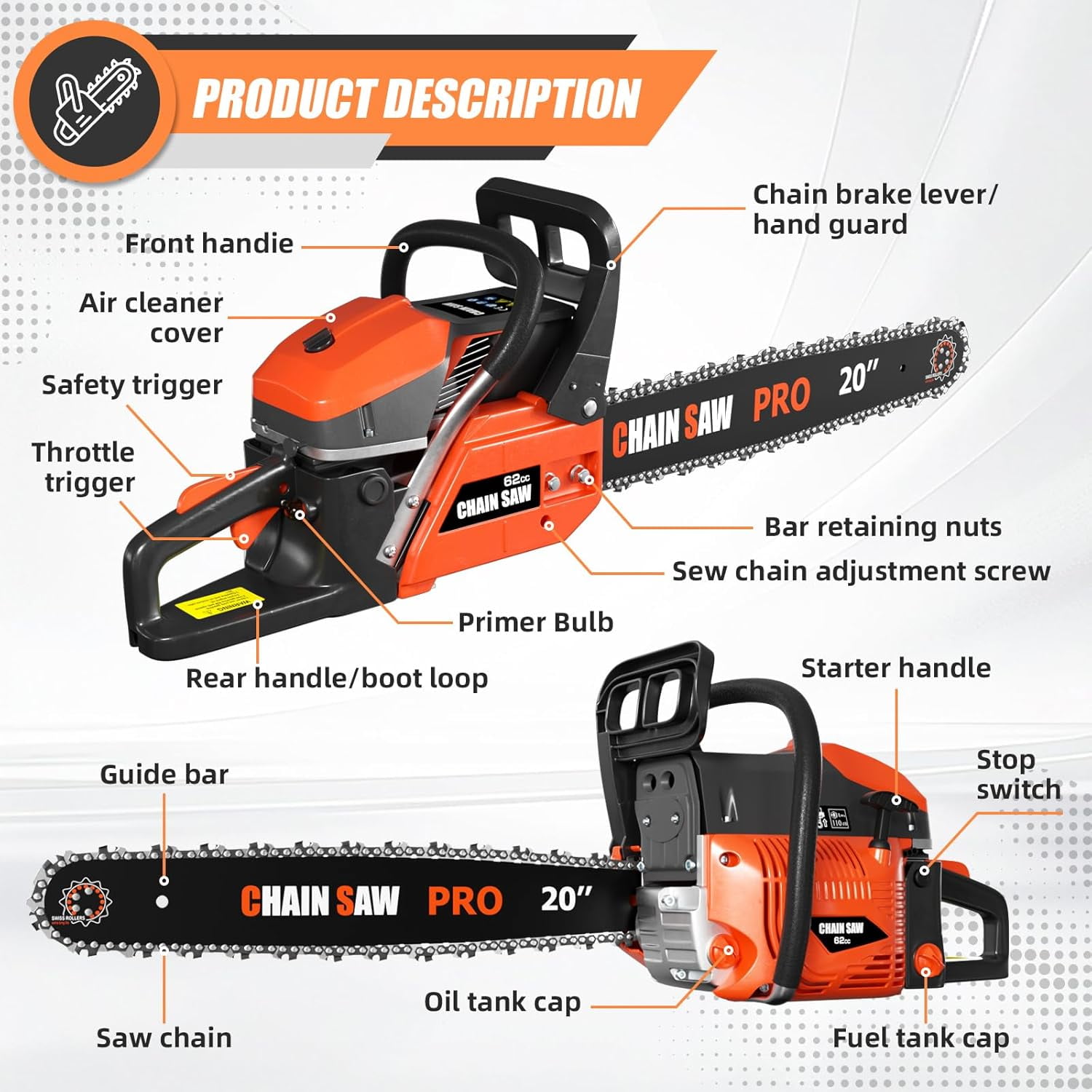 Datingday 62cc Gas Chainsaw, 3.5HP Professional Handheld Power Tool with Anti-Vibration & Quick-Stop Brake (Orange, 14 lb) 2sgpy