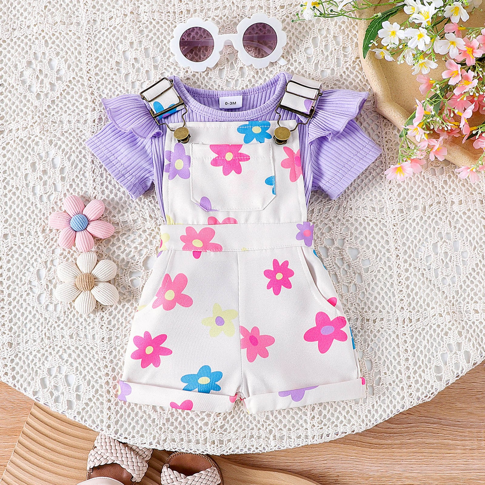 Caqnni Toddler Girl Summer Outfit Set Short Sleeve Top and Elastic Waist Shorts (Purple, 3-6 Months) rrhkf