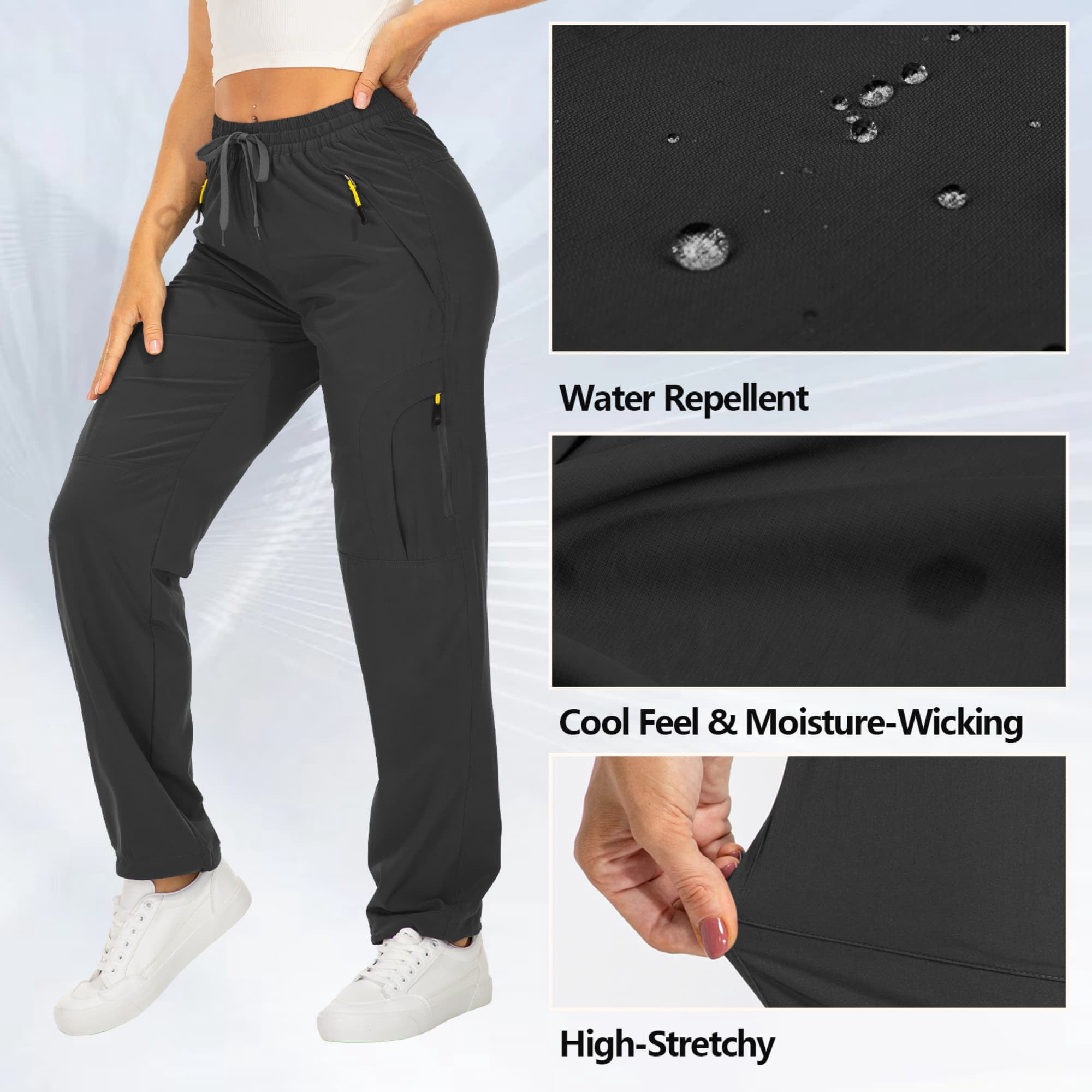 FEN AI Women's Cargo Hiking Pants Quick Dry Lightweight Water-Resistant Outdoor Trousers with Deep Pockets (Black, L) 20p23