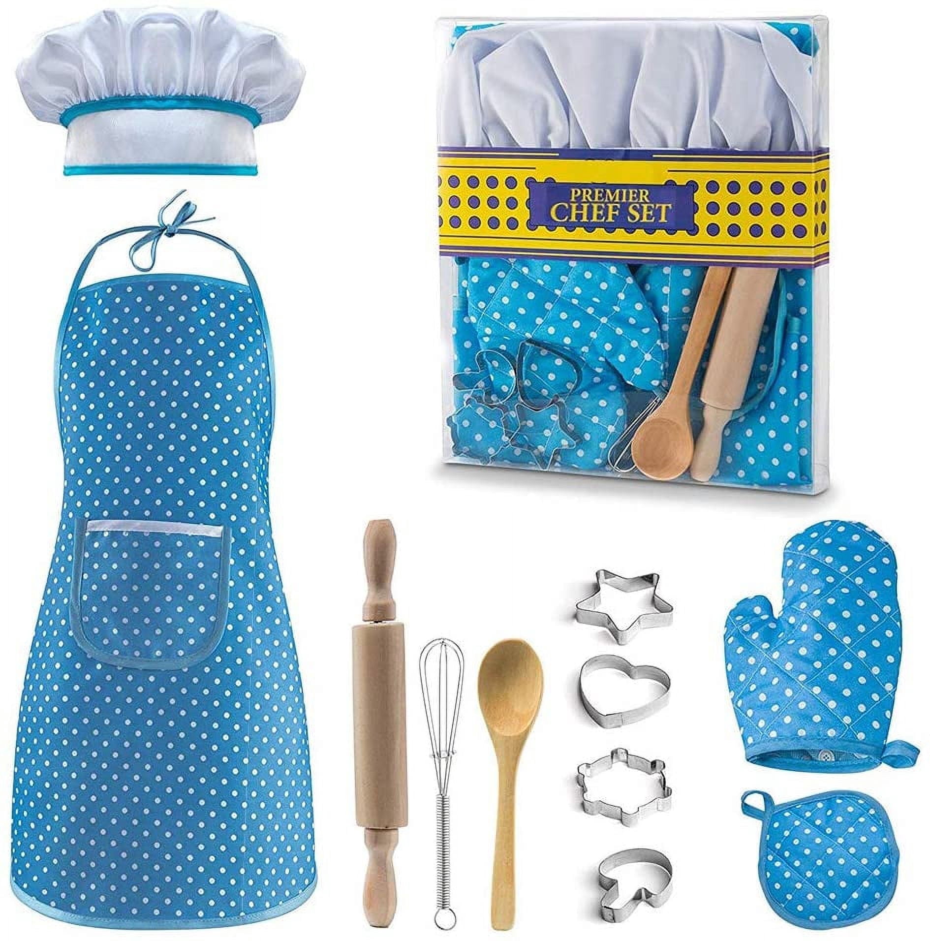 TiokMc Kids Cooking Set, 11-Piece Chef Role Play Kit with Apron and Baking Tools (Blue, 11-Piece Set) jnbws