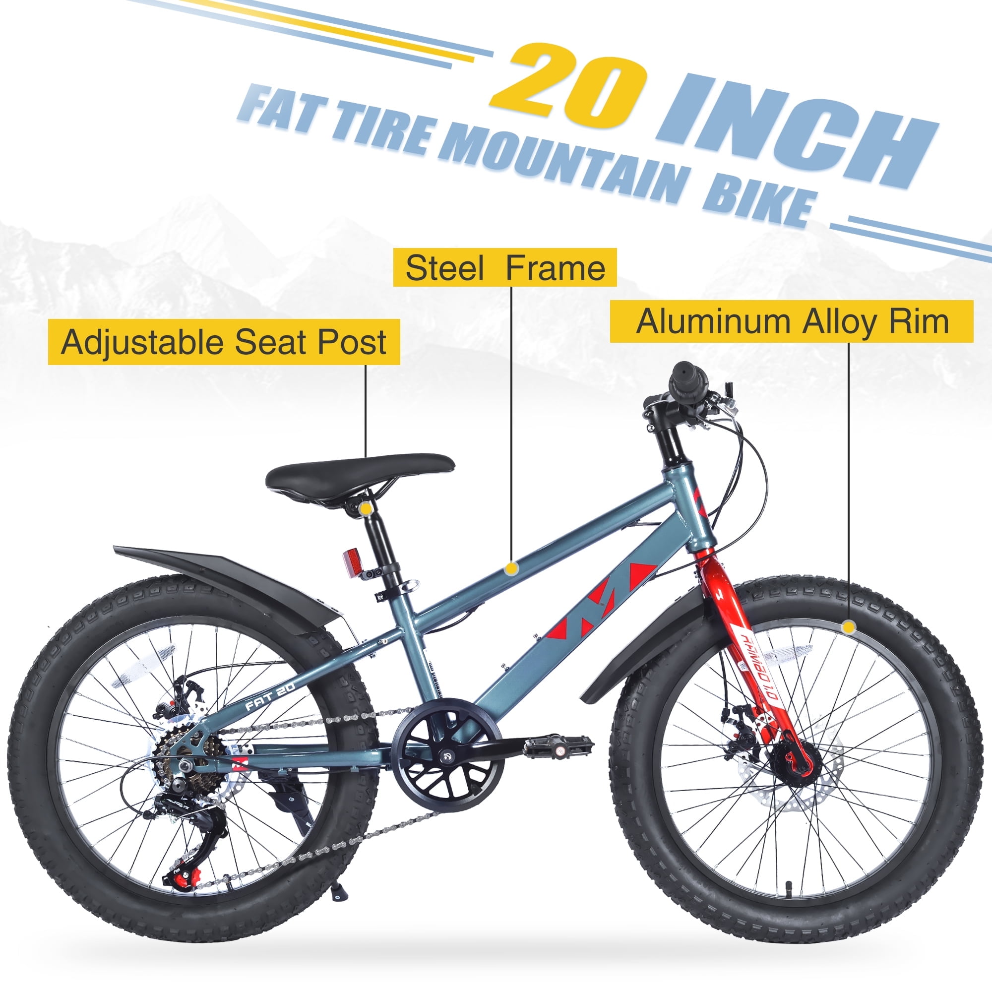 Ambifirner Fat Tire Mountain Bike, 21-Speed All-Terrain Bicycle with High Carbon Steel Frame (Grey, 20 in) robd2