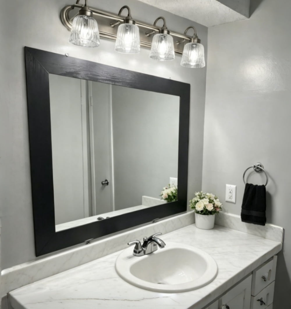 Manss Peel and Stick Wood Grain Border, Waterproof Self-Adhesive Mirror Frame Trim (Black, 3.93 in x 32 ft) 96g95