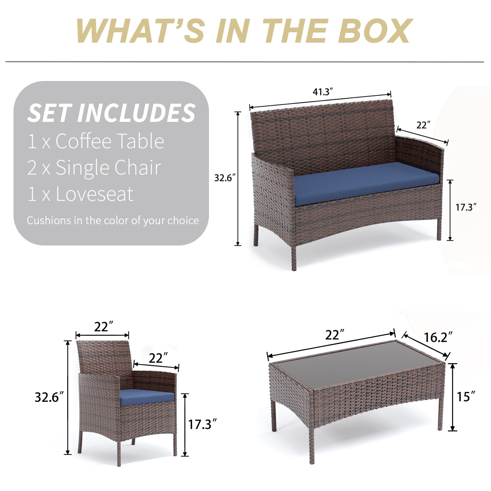 HOYOA 4-Piece Patio Rattan Conversation Furniture Set with Cushions (Brown/Blue, 4-Piece Set) 7gy97