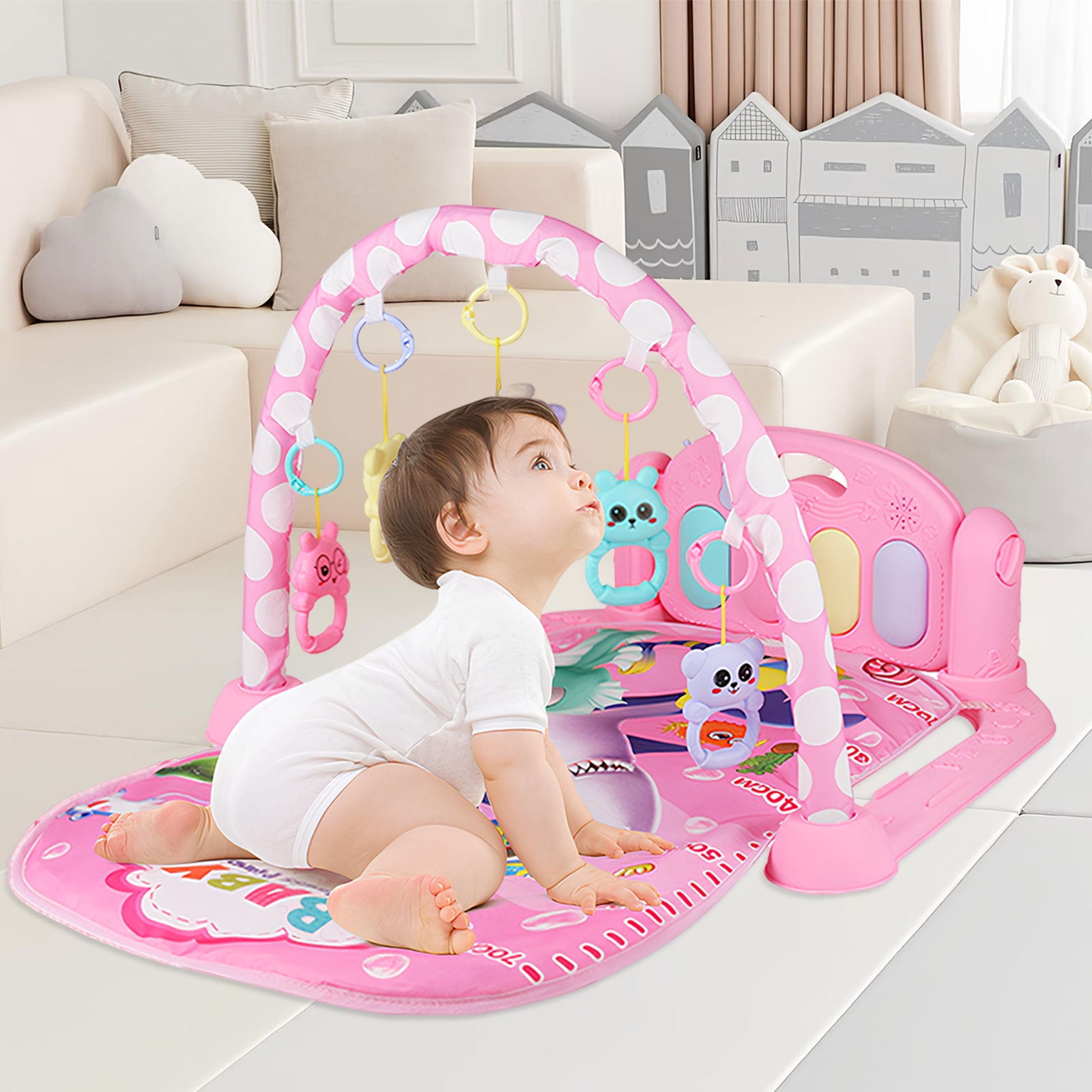 RICHYOUNG Baby Gym Play Mat 3-in-1 Musical Fitness Activity Center with Piano and Hanging Toys (Pink, 30 in x 22 in x 17 in) hbu2g