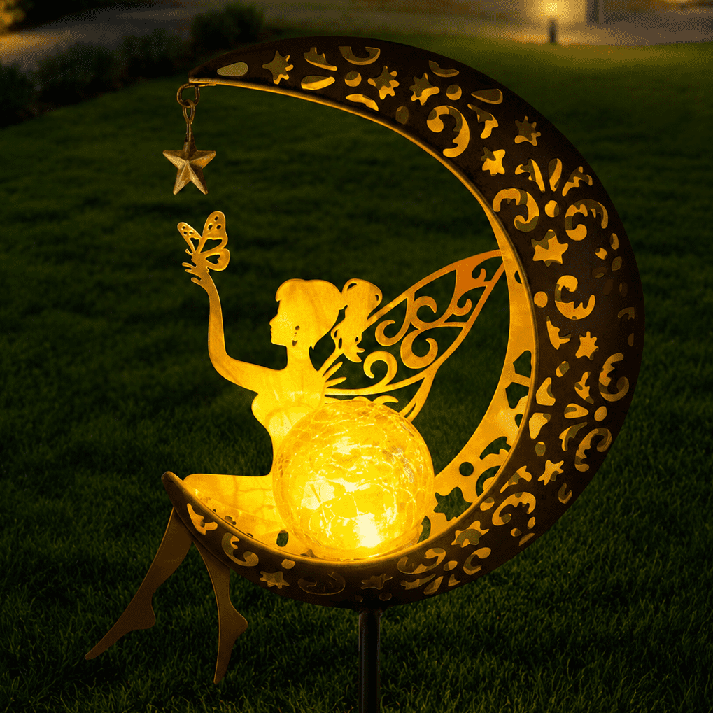 Mehoom Moon Fairy Solar Garden Lights, Decorative Outdoor Pathway Lighting (Gold, 32 in) nv92e
