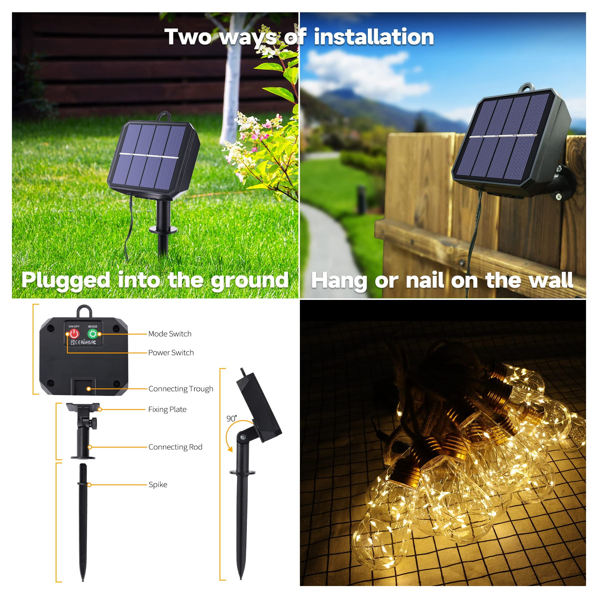 Ceevoo Solar Outdoor String Lights, Vintage Hemp Rope Patio Lighting, Waterproof Warm White LED Decor (20 ft, 16 Bulbs) b1nf5