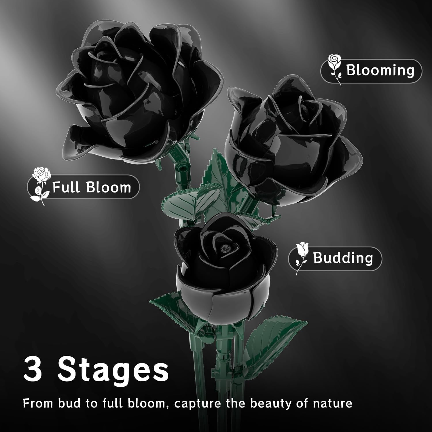 Honchoes Black Rose Flower Bouquet Building Set, Artificial Floral Decor for Home and Office (Black, 585 Pcs) alaxi