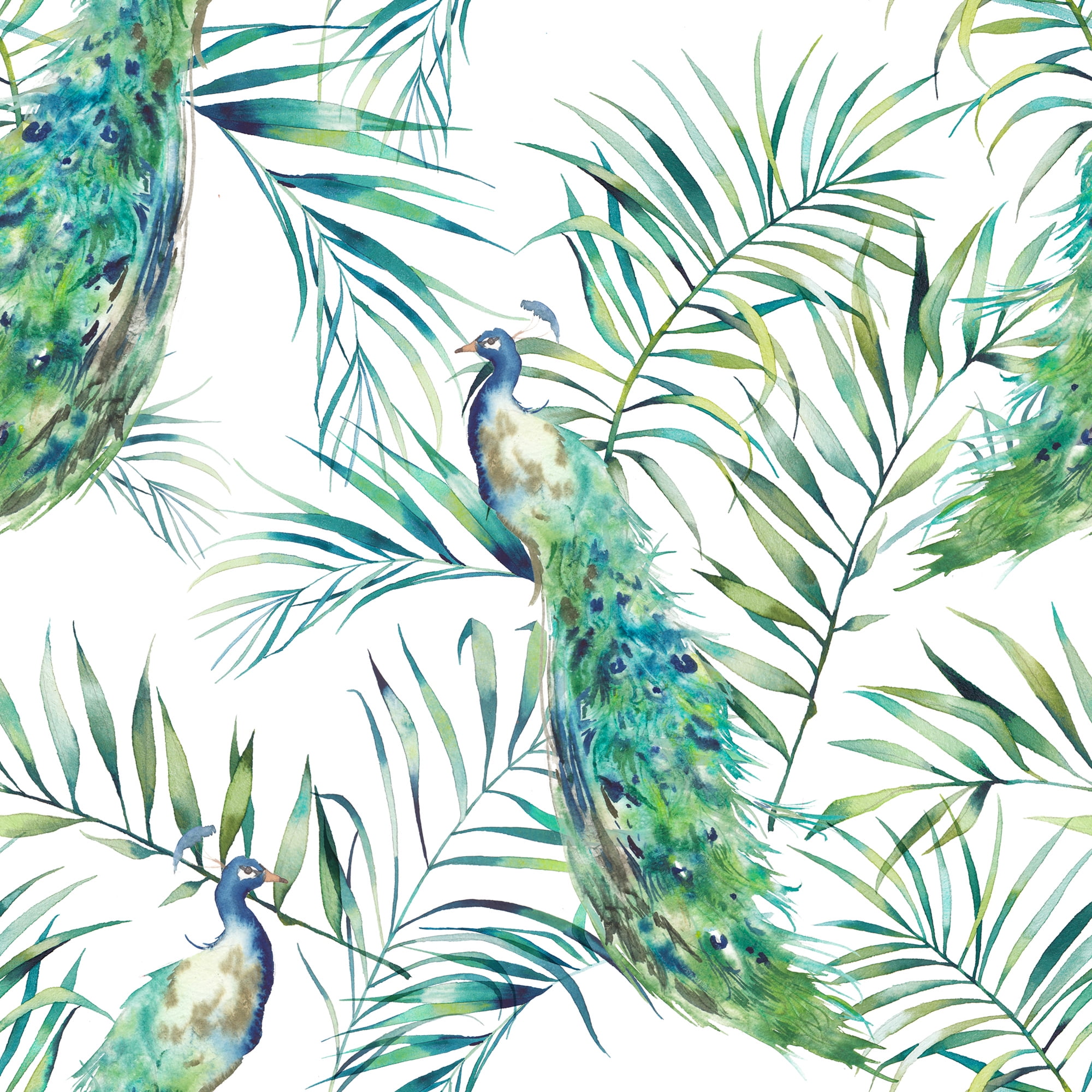 MuralsPrint Peacock Peel and Stick Wallpaper, Removable Floral Wall Decor (Green, 24 in x 10 ft) erk2x