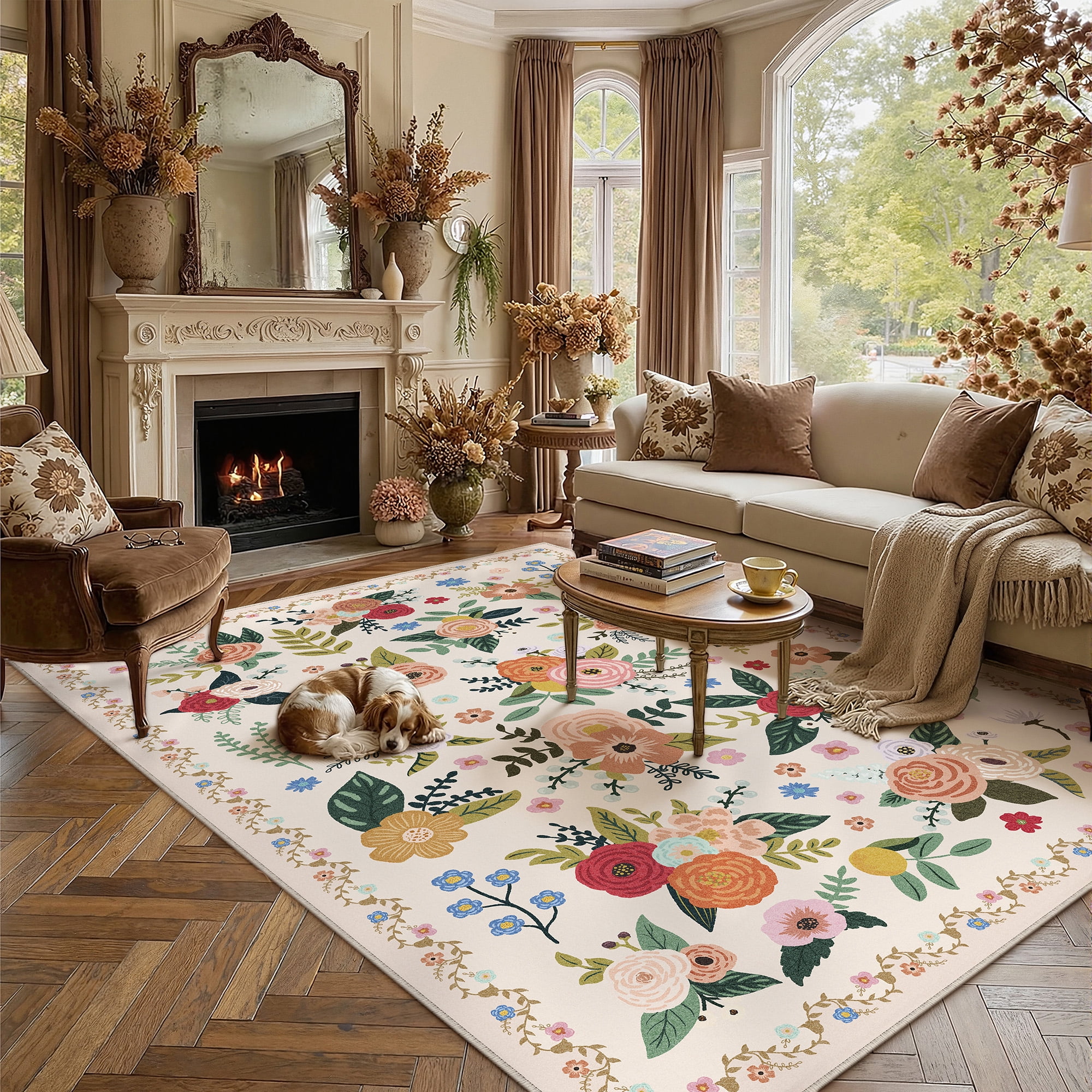 Berthmeer Vintage Floral Area Rug, Non-Slip Oriental Carpet for Living Room and Bedroom (Beige, 8 ft x 10 ft) mojfm