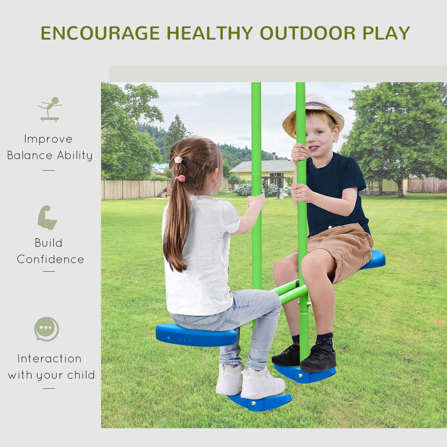 Outsunny Metal Swing Set with Glider and Two Adjustable Seats (Green, 110.25 in x 55 in x 70 in) fdgec