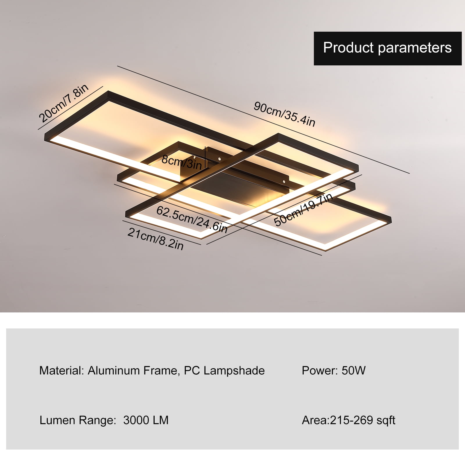 Garwarm 3-Square LED Ceiling Light, Modern Flush Mount Fixture with Remote Control (Black, 35.4 in) 58gf2